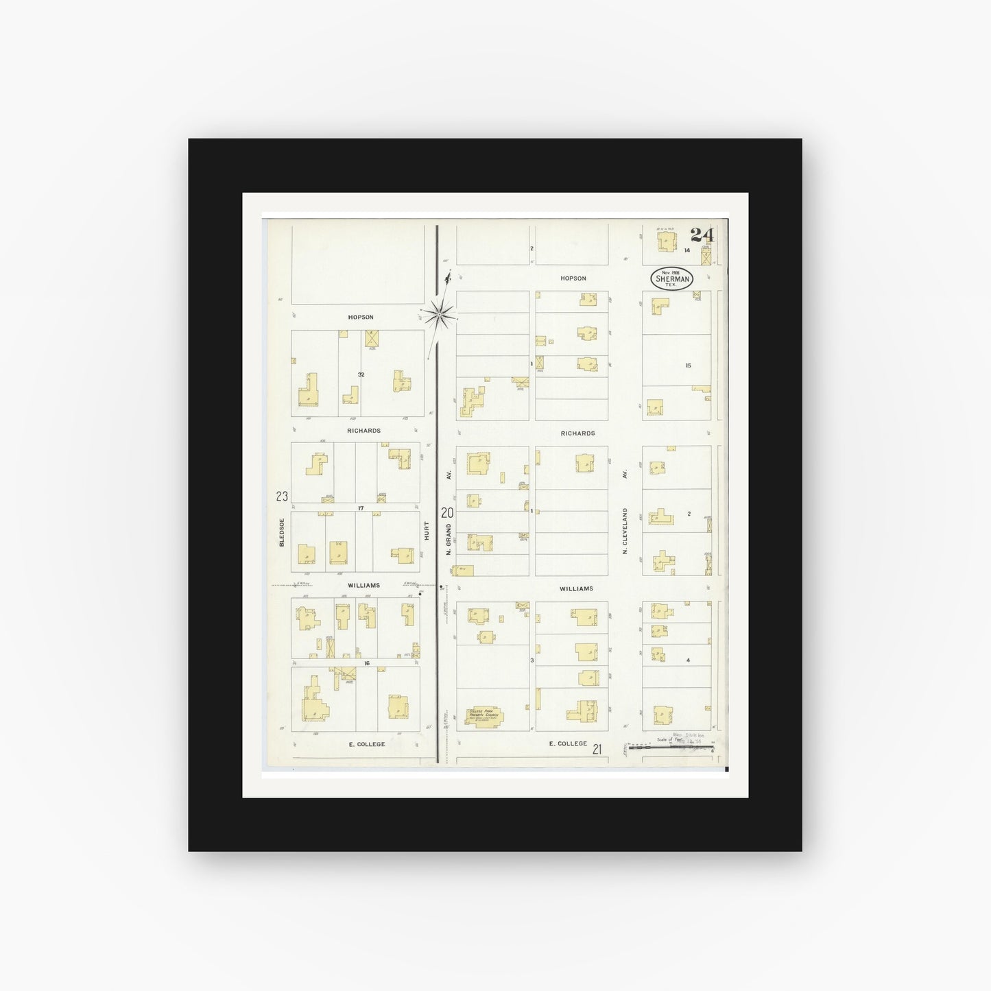 Old map wall art mockup — black gallery frame with white mat — Sanborn Fire Insurance Map from Sherman, Grayson County, Texas (1908), Sheet #0024
