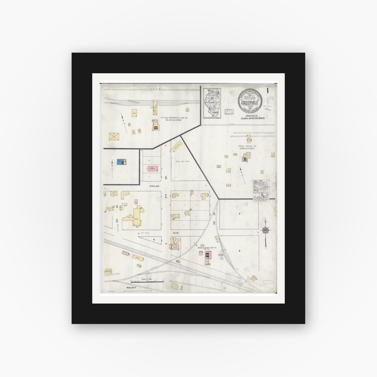 Old map wall art mockup — black gallery frame with white mat — Sanborn Fire Insurance Map from Coulterville, Randolph County, Illinois (1917) - Complete Map Set