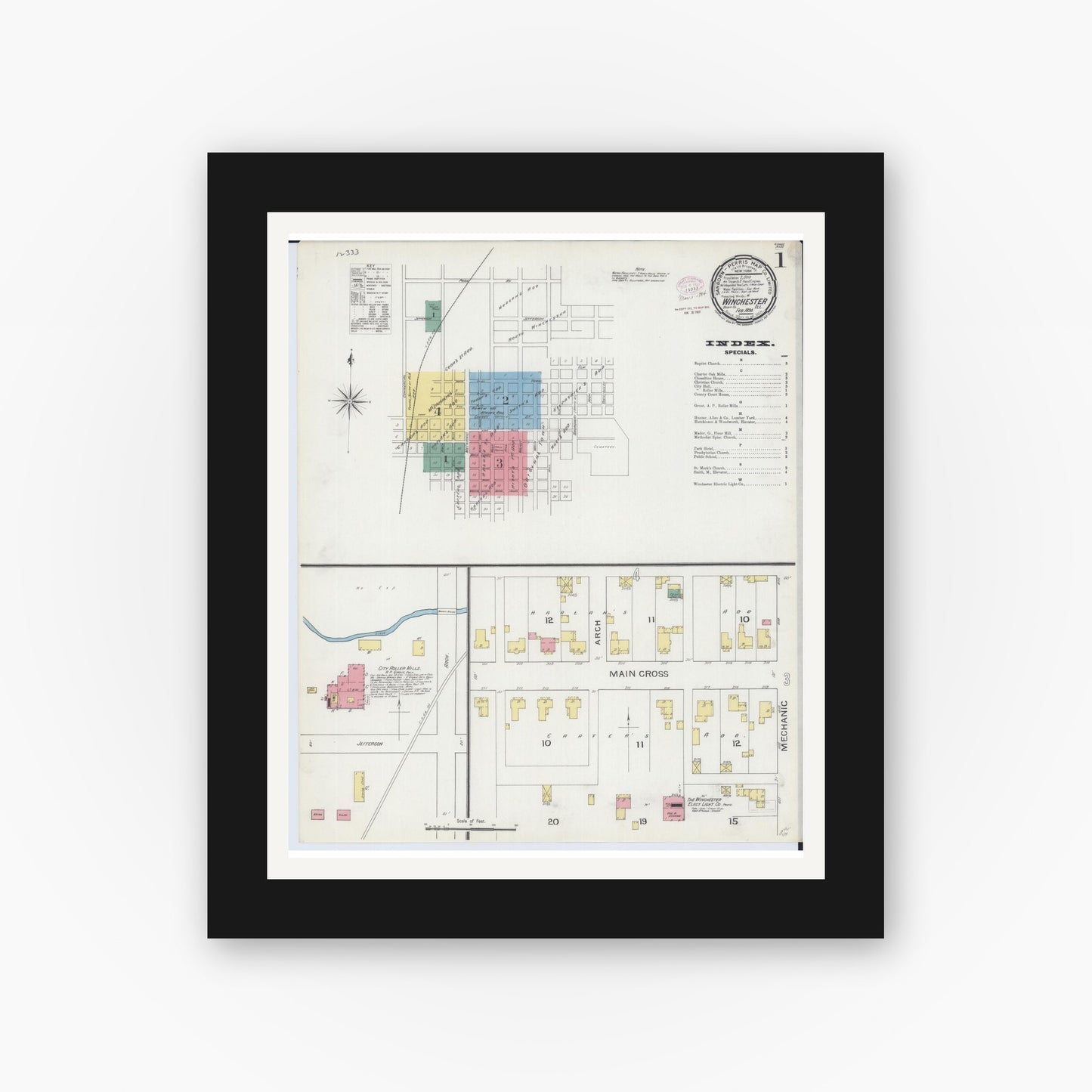 Old map wall art mockup — black gallery frame with white mat — Sanborn Fire Insurance Map from Winchester, Scott County, Illinois (1894), Sheet #0001