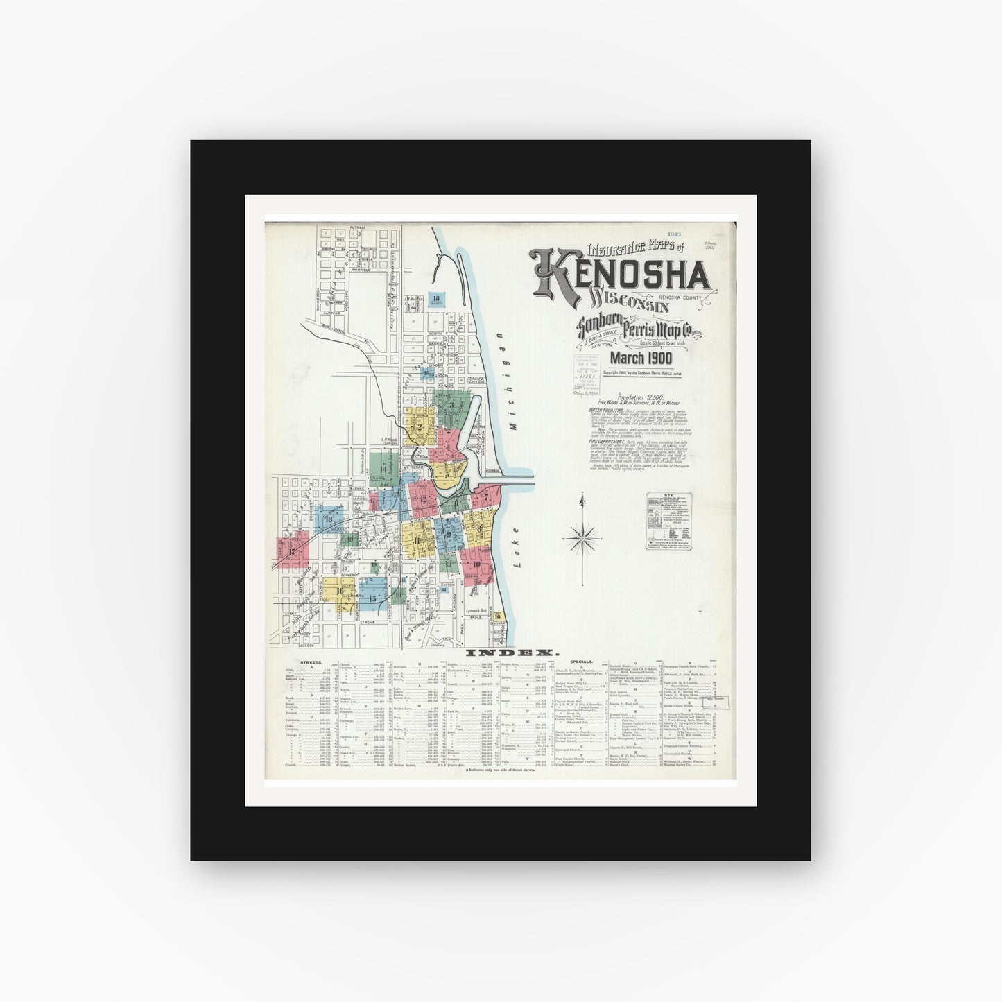 Old map wall art mockup — black gallery frame with white mat — Sanborn Fire Insurance Map from Kenosha, Kenosha County, Wisconsin (1900), Sheet #0001