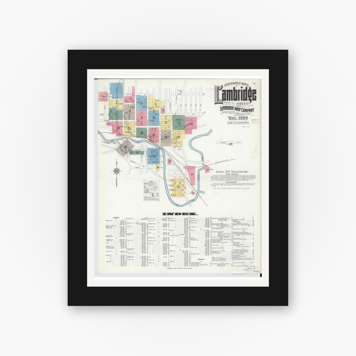 Old map wall art mockup — black gallery frame with white mat — Sanborn Fire Insurance Map from Cambridge, Guernsey County, Ohio (1909) - Complete Map Set