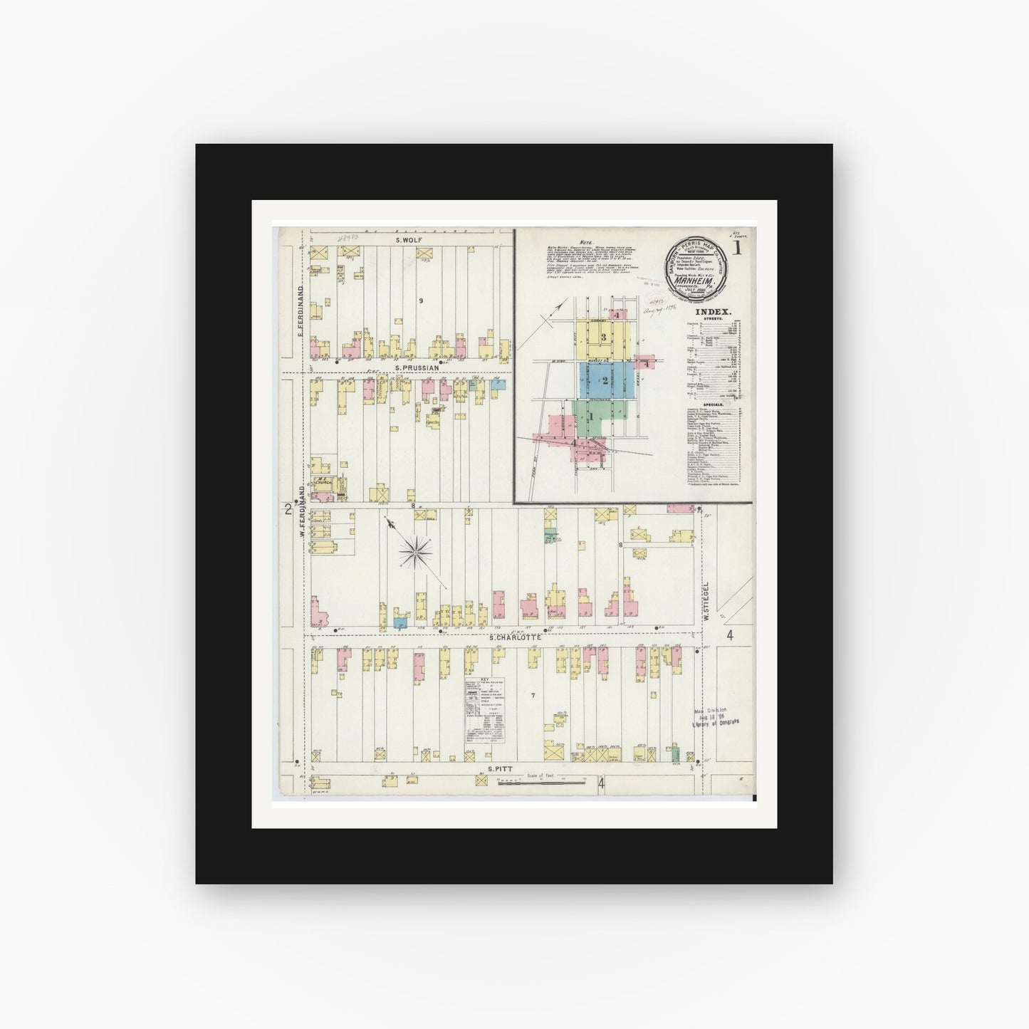 Old map wall art mockup — black gallery frame with white mat — Sanborn Fire Insurance Map from Manheim, Lancaster County, Pennsylvania (1896) - Complete Map Set