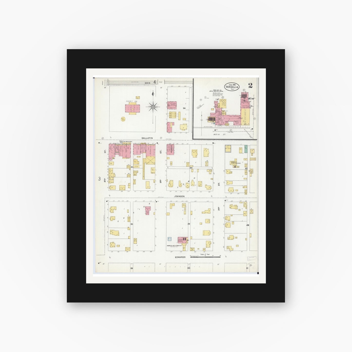 Old map wall art mockup — black gallery frame with white mat — Sanborn Fire Insurance Map from Vandalia, Fayette County, Illinois (1906), Sheet #0002