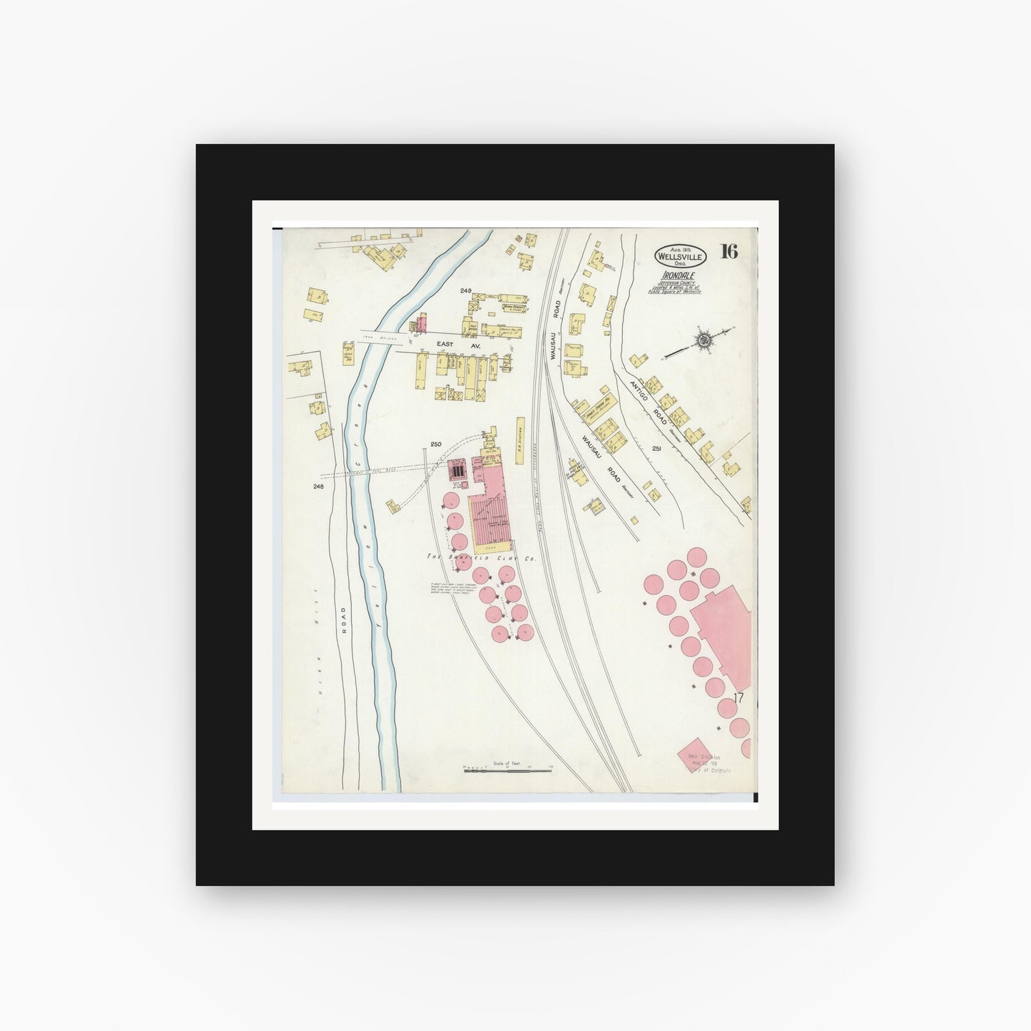 Old map wall art mockup — black gallery frame with white mat — Sanborn Fire Insurance Map from Wellsville, Columbiana County, Ohio (1915), Sheet #0016
