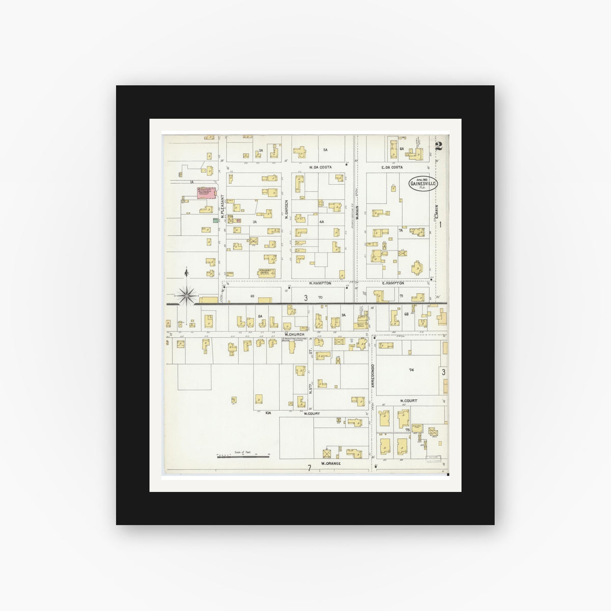 Old map wall art mockup — black gallery frame with white mat — Sanborn Fire Insurance Map from Gainesville, Alachua County, Florida (1903), Sheet #0002