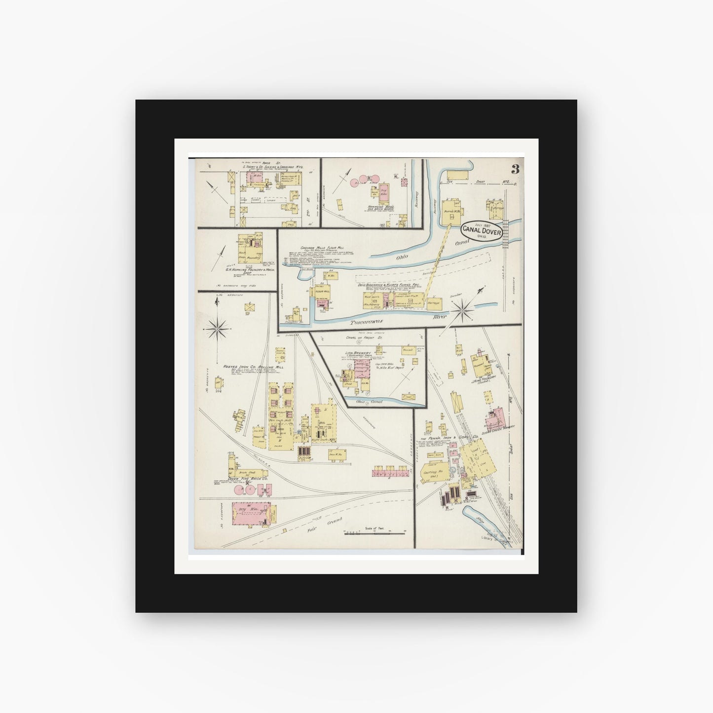 Old map wall art mockup — black gallery frame with white mat — Sanborn Fire Insurance Map from Canal Dover, Tuscarawas County, Ohio (1887), Sheet #0003