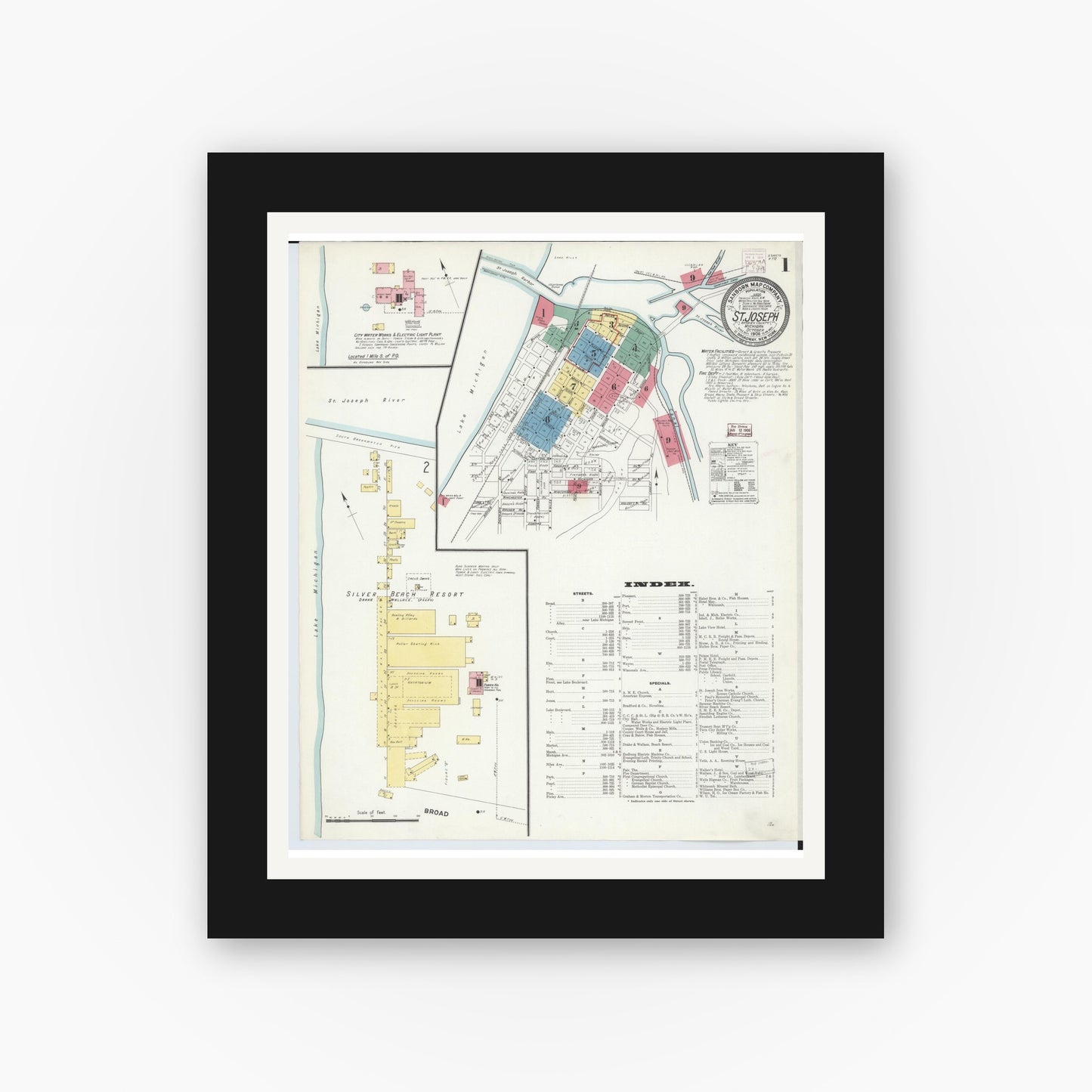 Old map wall art mockup — black gallery frame with white mat — Sanborn Fire Insurance Map from Saint Joseph, Berrien County, Michigan (1908) - Complete Map Set