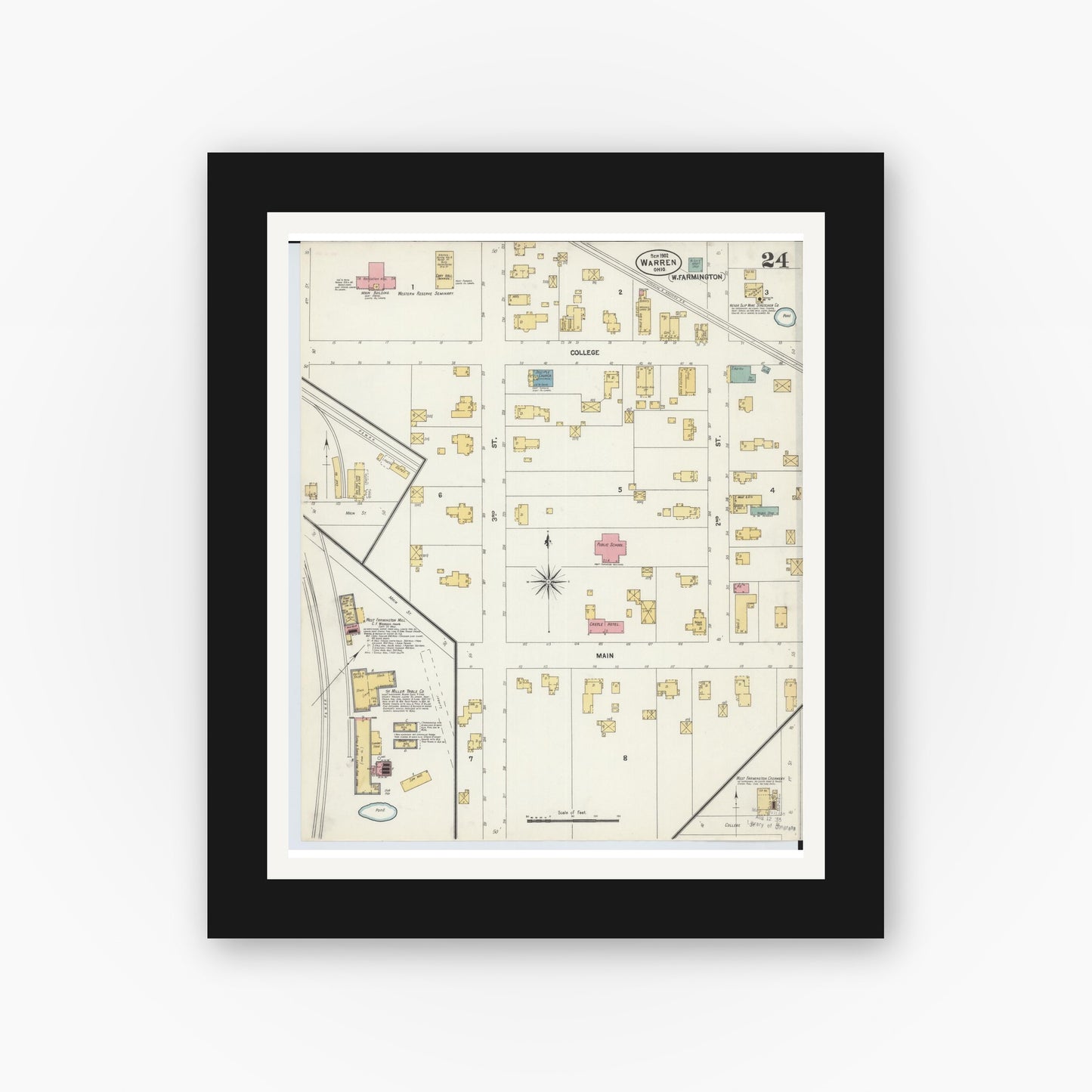 Old map wall art mockup — black gallery frame with white mat — Sanborn Fire Insurance Map from Warren, Trumbull County, Ohio (1902), Sheet #0024