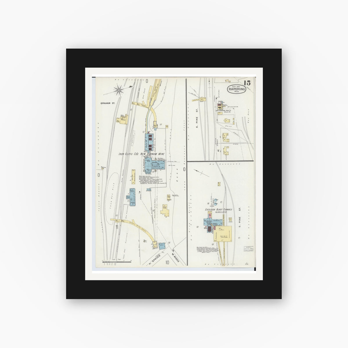 Old map wall art mockup — black gallery frame with white mat — Sanborn Fire Insurance Map from Ishpeming, Marquette County, Michigan (1897), Sheet #0015