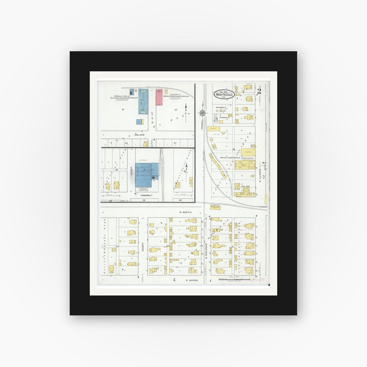 Old map wall art mockup — black gallery frame with white mat — Sanborn Fire Insurance Map from Monticello, White County, Indiana (1919), Sheet #0002