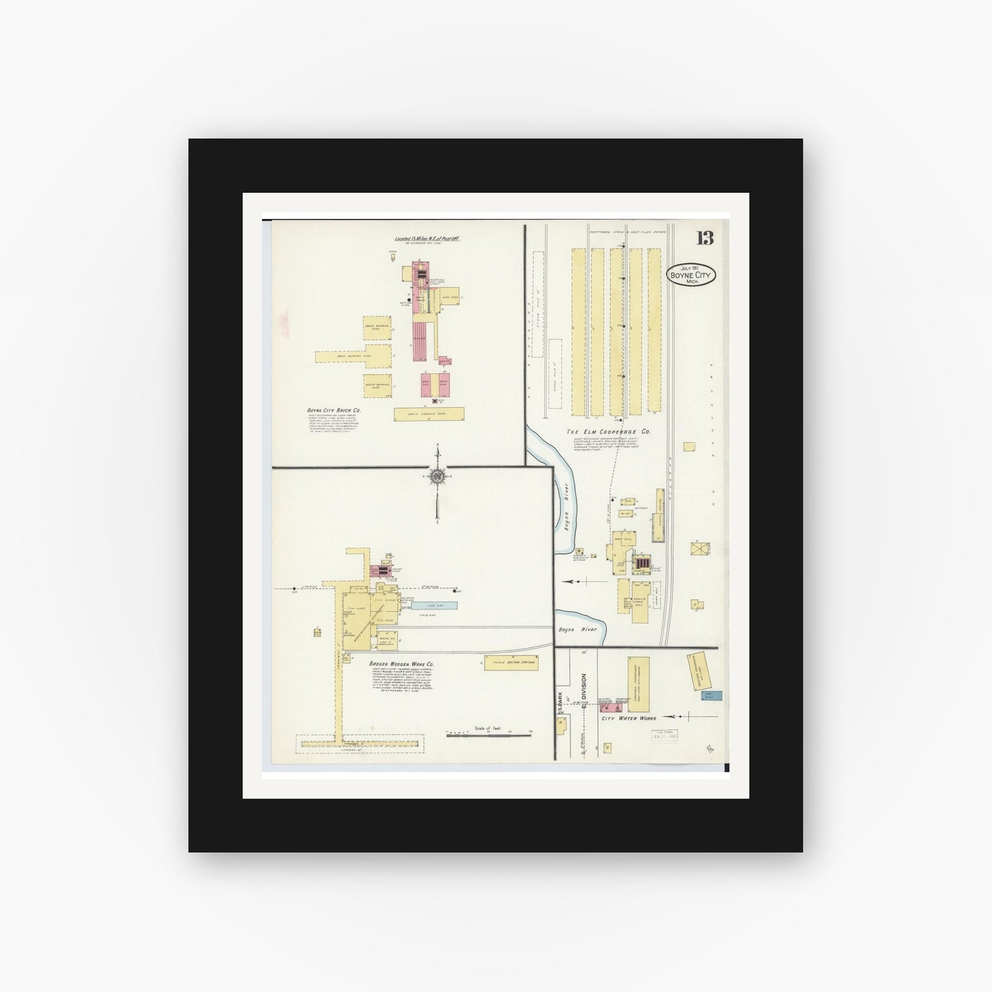 Old map wall art mockup — black gallery frame with white mat — Sanborn Fire Insurance Map from Boyne City, Charlevoix County, Michigan (1911), Sheet #0013