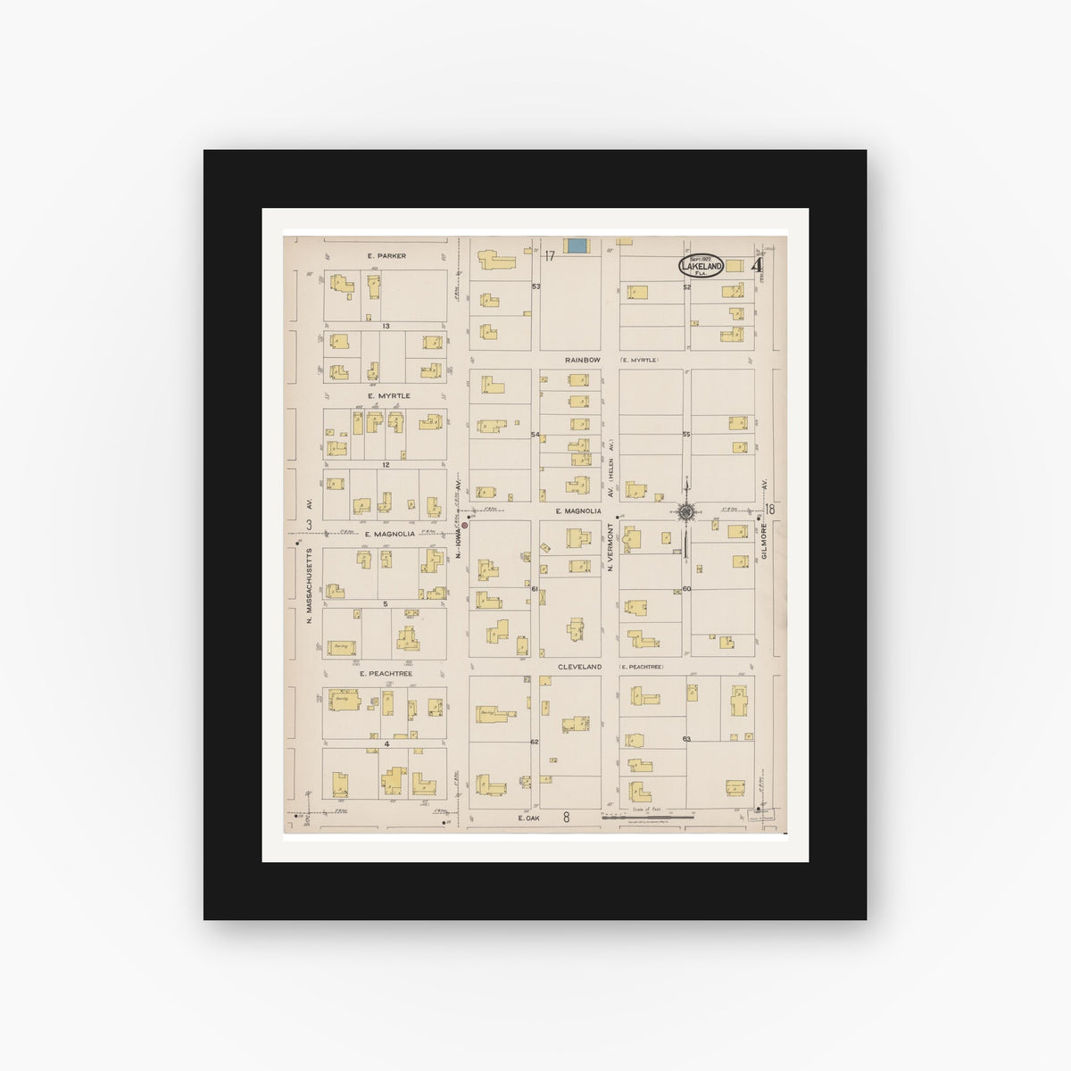 Old map wall art mockup — black gallery frame with white mat — Sanborn Fire Insurance Map from Lakeland, Polk County, Florida (1922), Sheet #0004