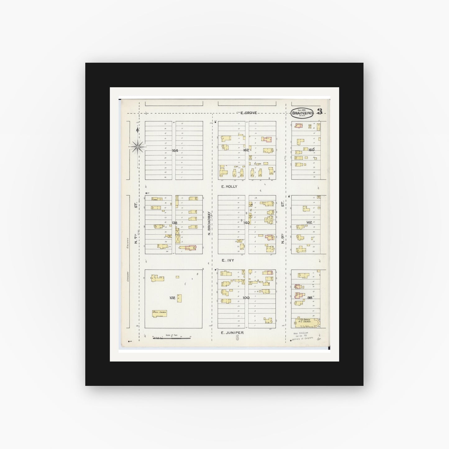 Old map wall art mockup — black gallery frame with white mat — Sanborn Fire Insurance Map from Brainerd, Crow Wing County, Minnesota (1892), Sheet #0003