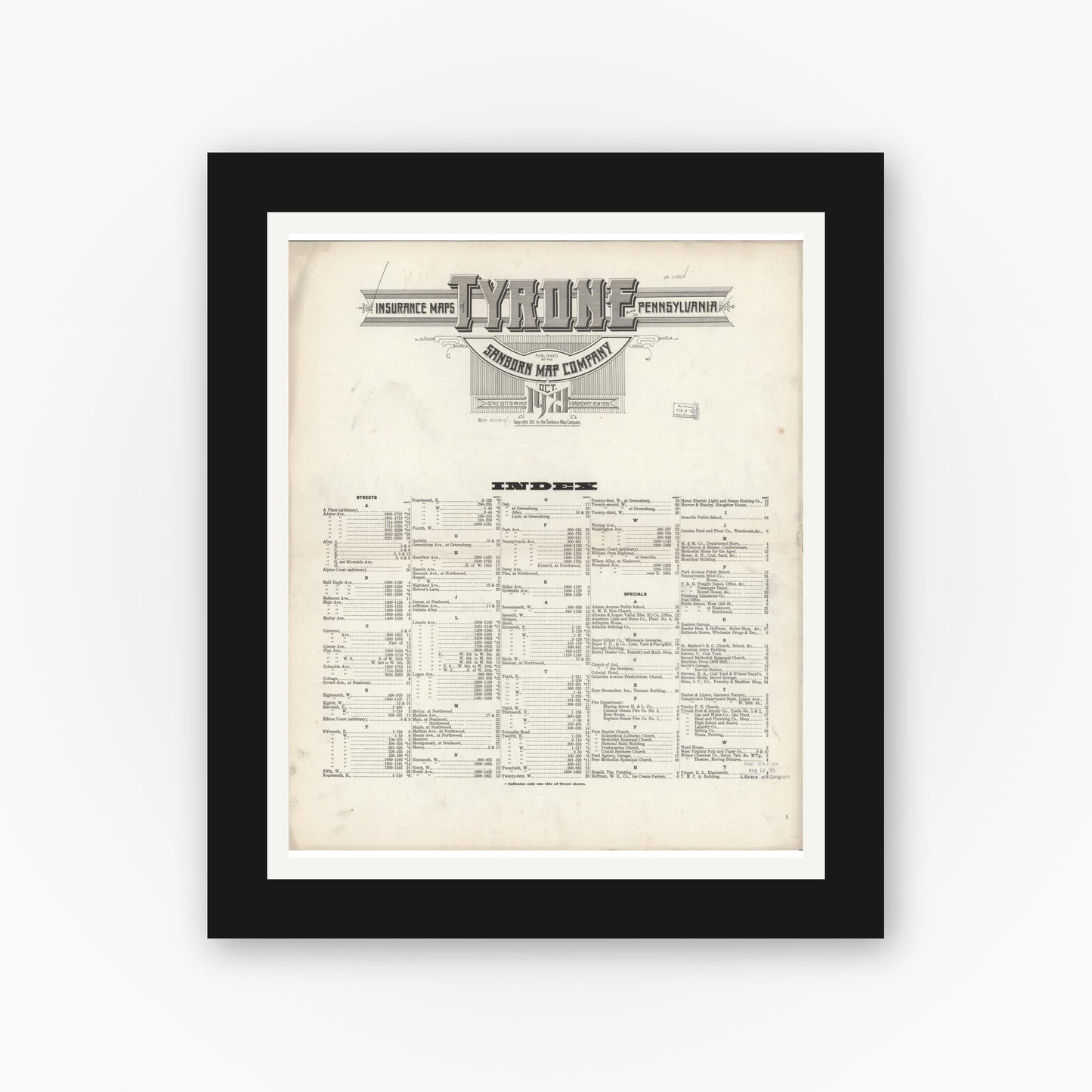 Old map wall art mockup — black gallery frame with white mat — Sanborn Fire Insurance Map from Tyrone, Blair County, Pennsylvania (1921), Sheet #0001