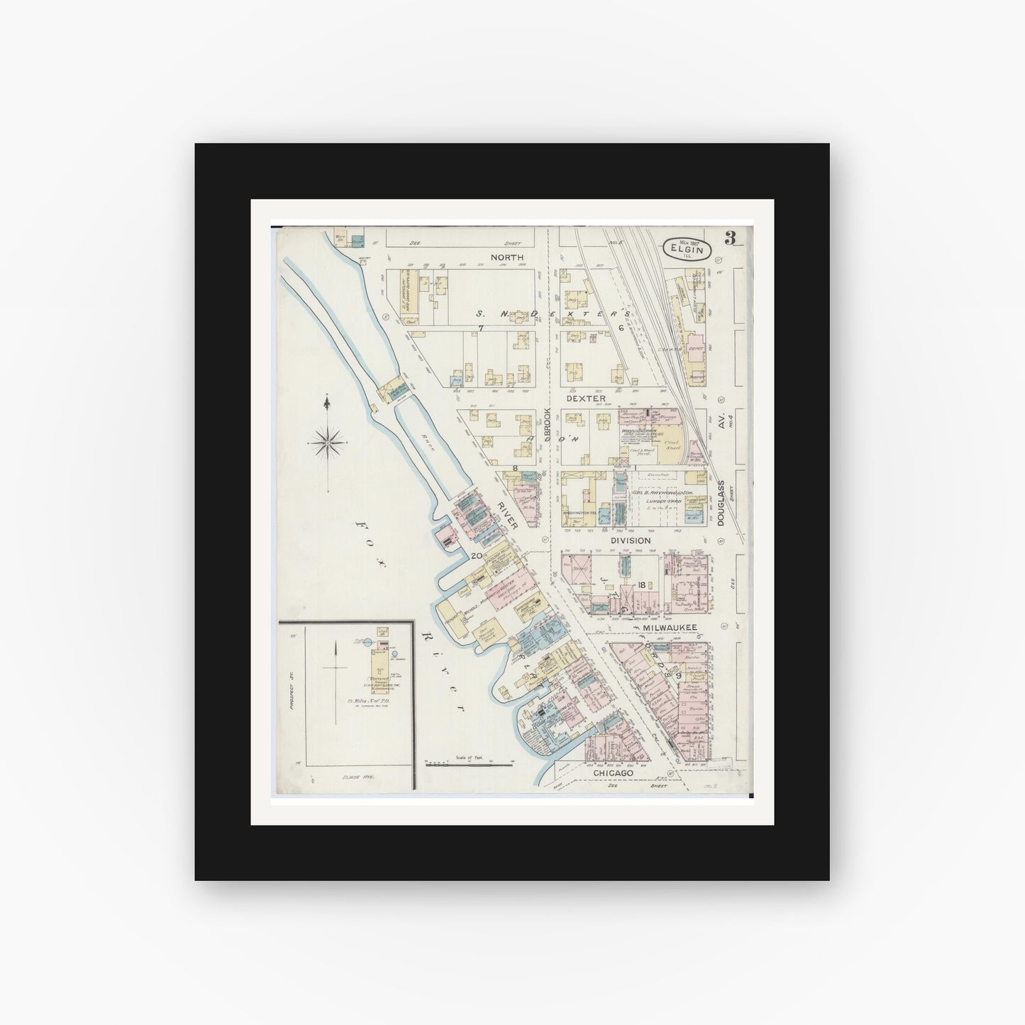 Old map wall art mockup — black gallery frame with white mat — Sanborn Fire Insurance Map from Elgin, Kane County, Illinois (1887), Sheet #0003