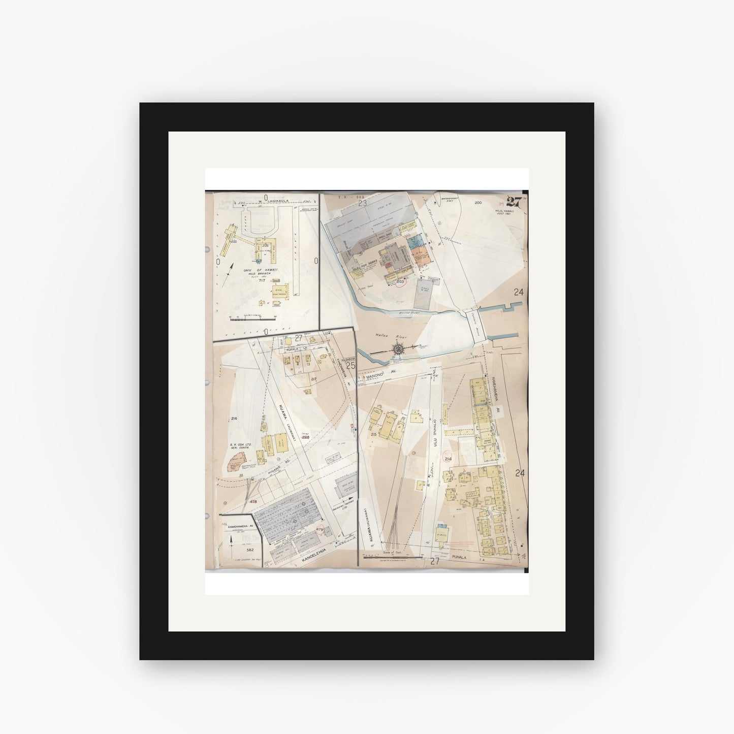 Old map wall art mockup — black gallery frame with white mat — Sanborn Fire Insurance Map from Hilo, Hawaii County, Hawaii (1957), Sheet #0027