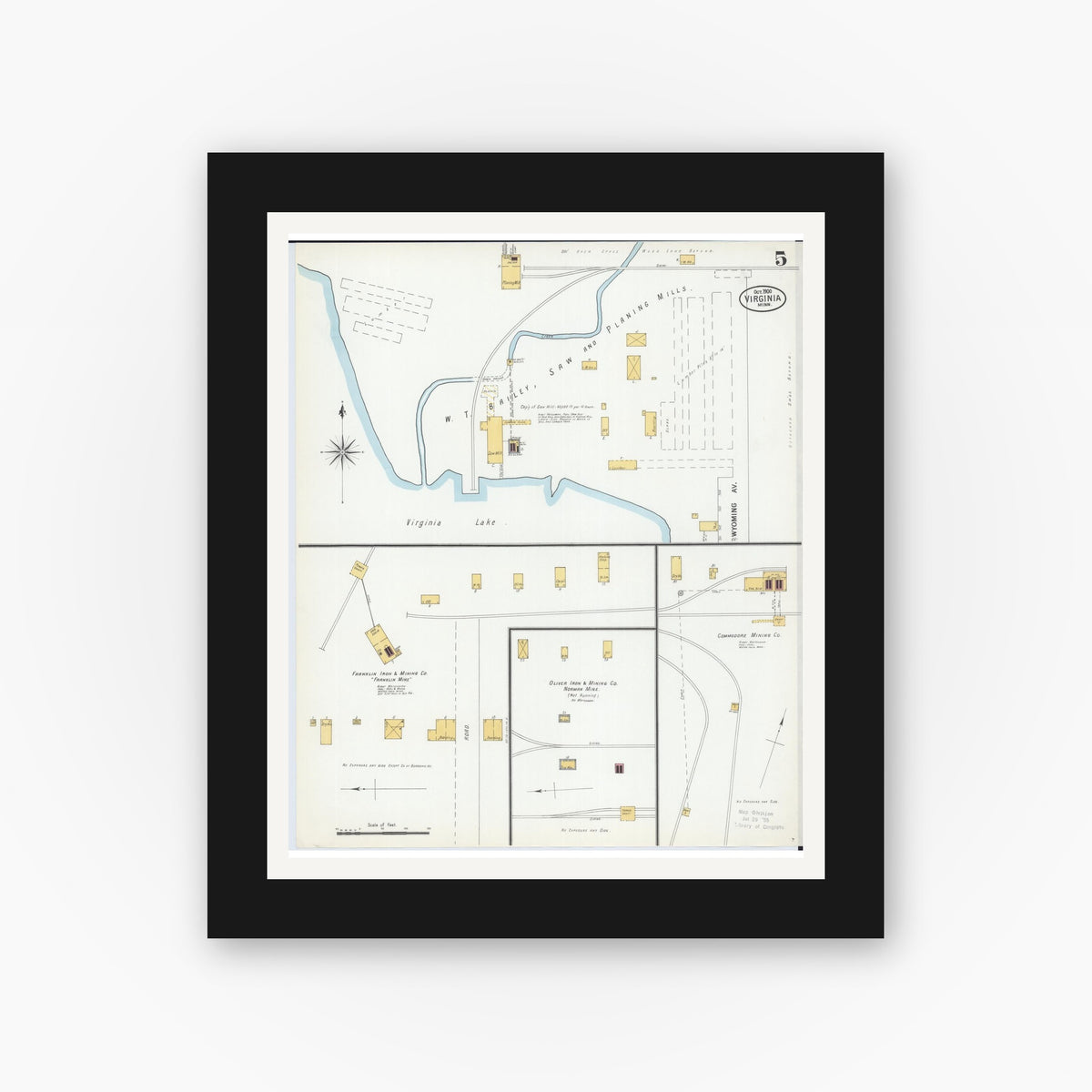Old map wall art mockup — black gallery frame with white mat — Sanborn Fire Insurance Map from Virginia, Saint Louis County, Minnesota (1900), Sheet #0005
