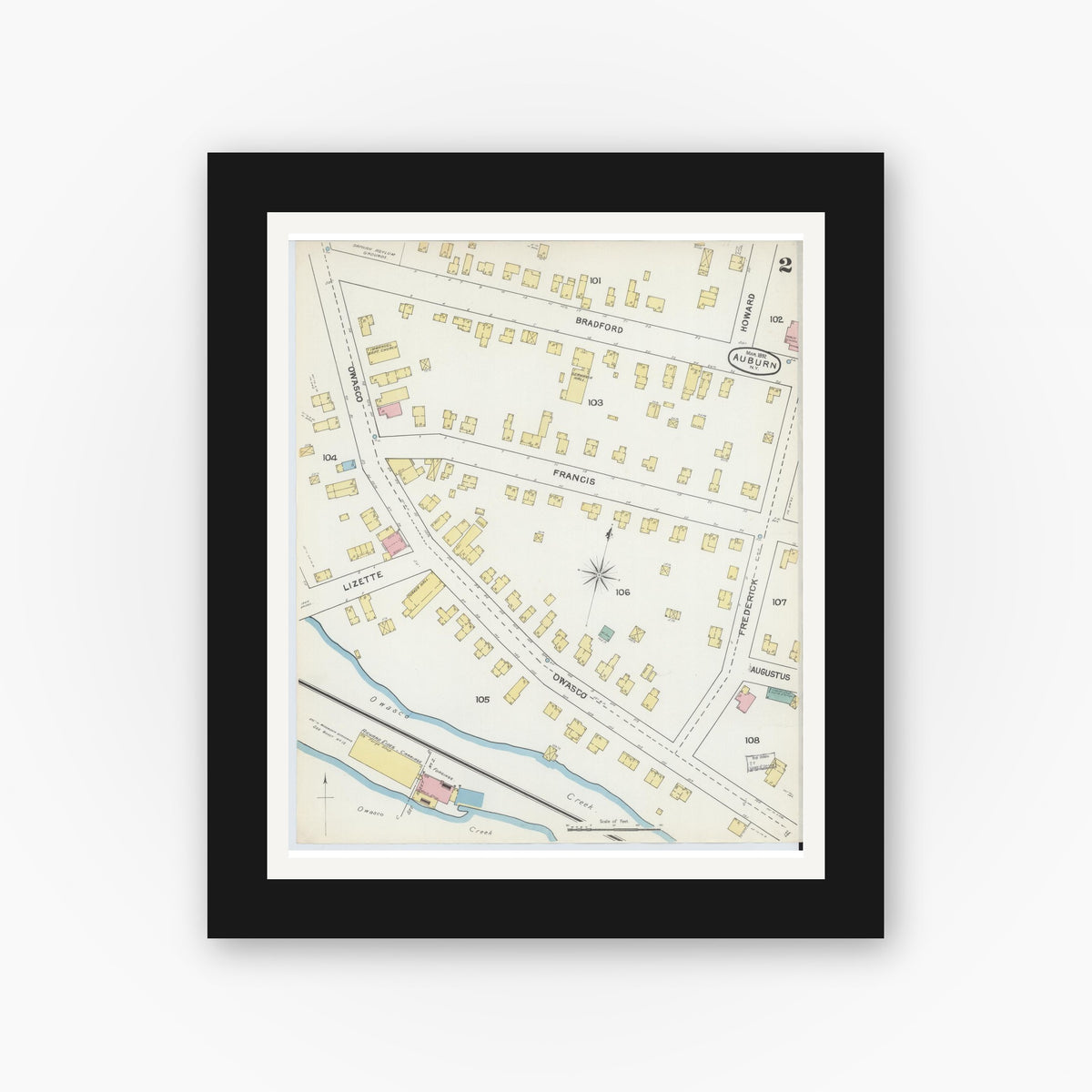 Old map wall art mockup — black gallery frame with white mat — Sanborn Fire Insurance Map from Auburn, Cayuga County, New York (1892) - Complete Map Set