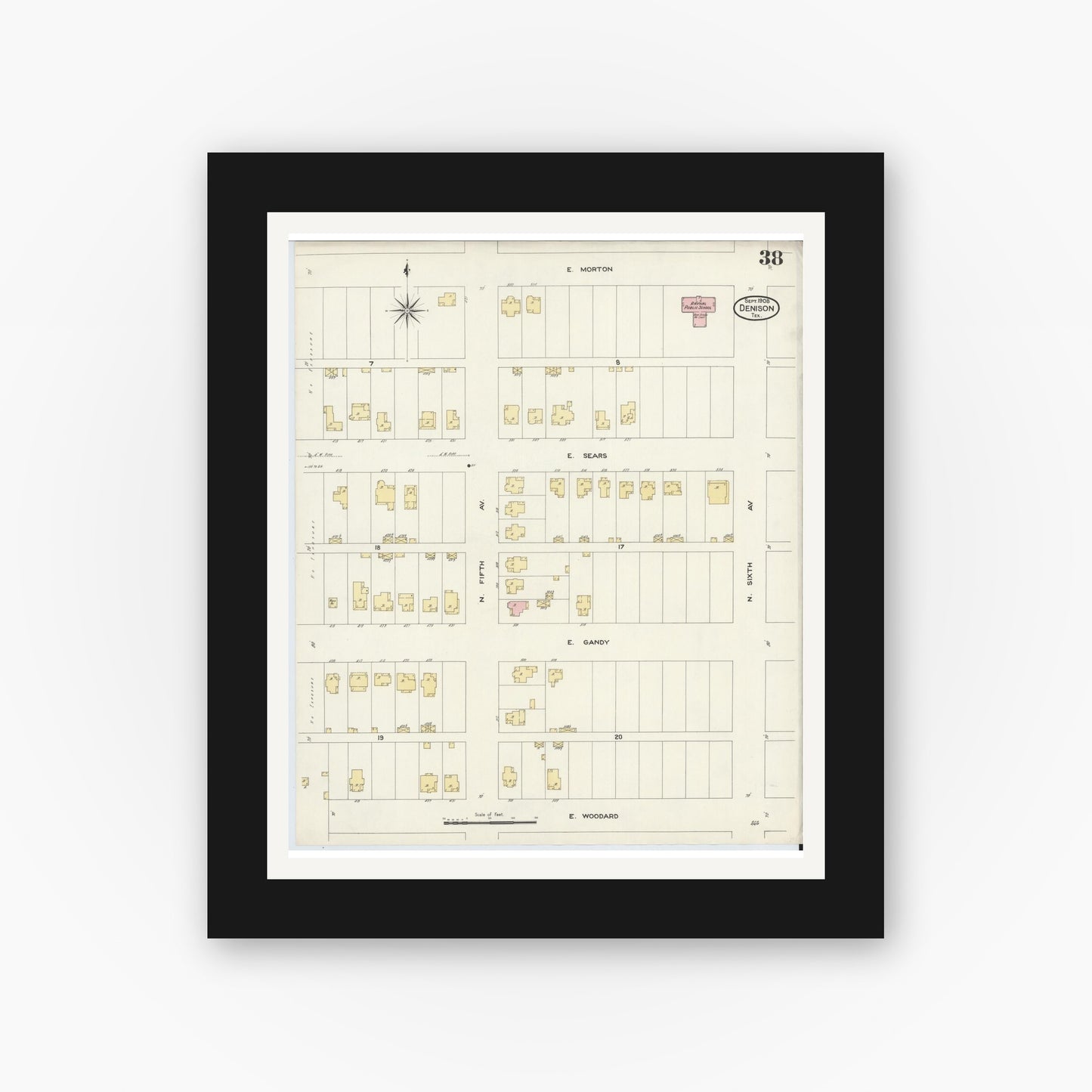 Old map wall art mockup — black gallery frame with white mat — Sanborn Fire Insurance Map from Denison, Grayson County, Texas (1908), Sheet #0038