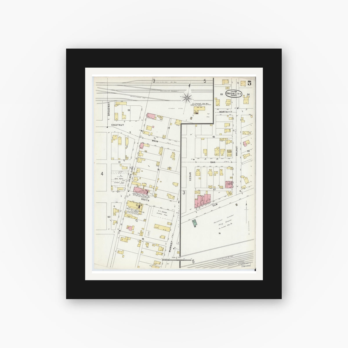 Old map wall art mockup — black gallery frame with white mat — Sanborn Fire Insurance Map from Union City, Randolph County, Indiana (1896), Sheet #0005
