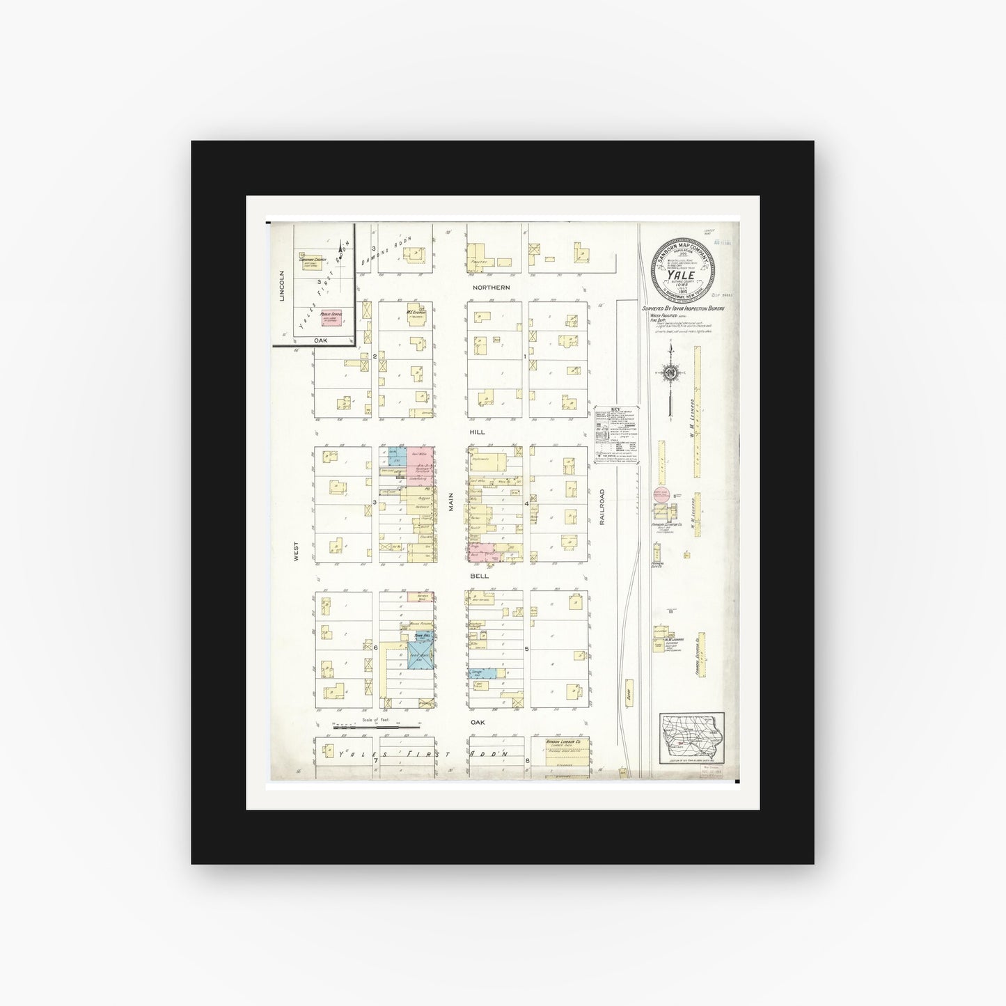 Old map wall art mockup — black gallery frame with white mat — Sanborn Fire Insurance Map from Yale, Guthrie County, Iowa (1914), Sheet #0001