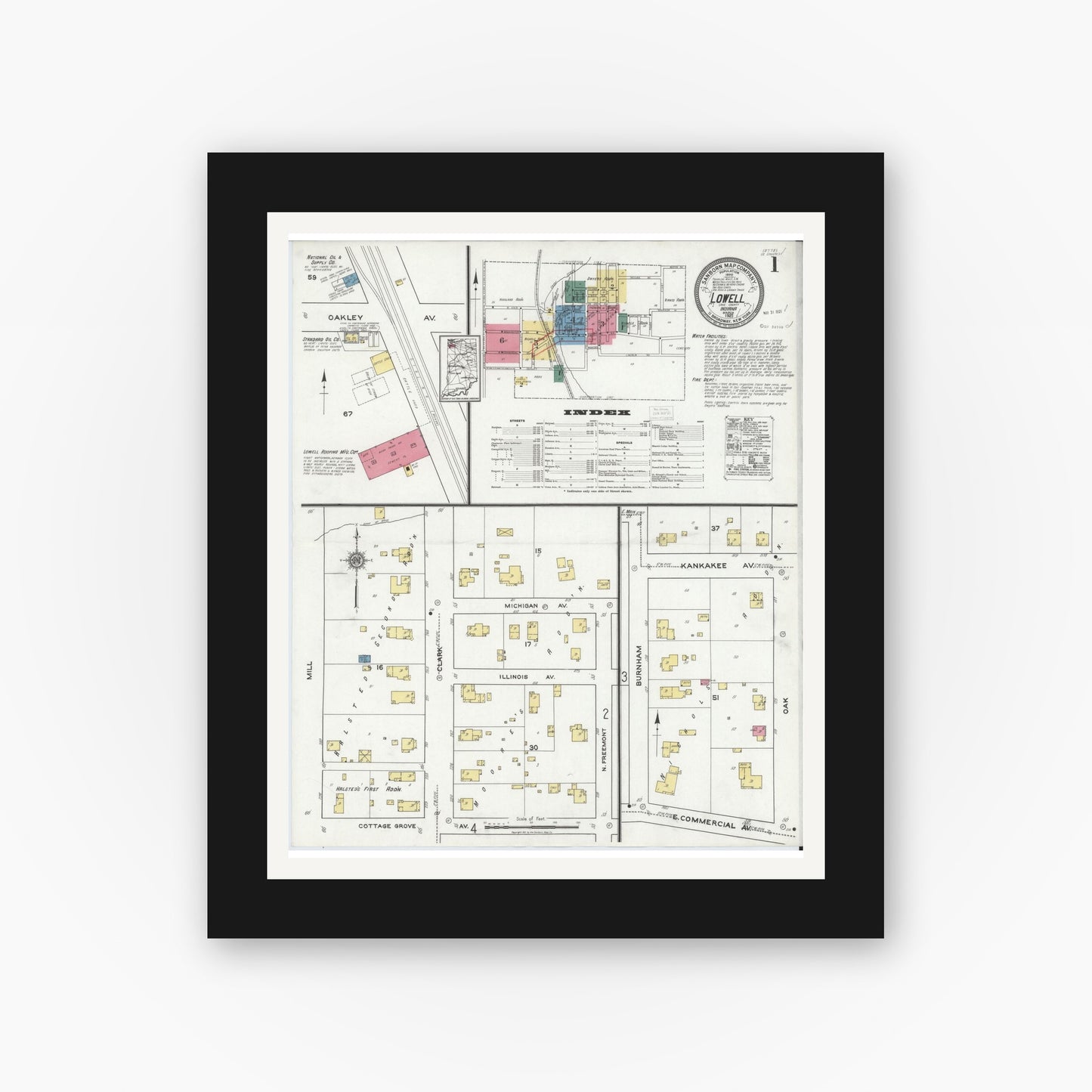 Old map wall art mockup — black gallery frame with white mat — Sanborn Fire Insurance Map from Lowell, Lake County, Indiana (1921) - Complete Map Set