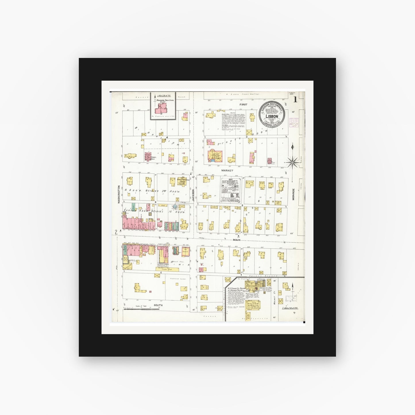 Old map wall art mockup — black gallery frame with white mat — Sanborn Fire Insurance Map from Lisbon, Linn County, Iowa (1906), Sheet #0001