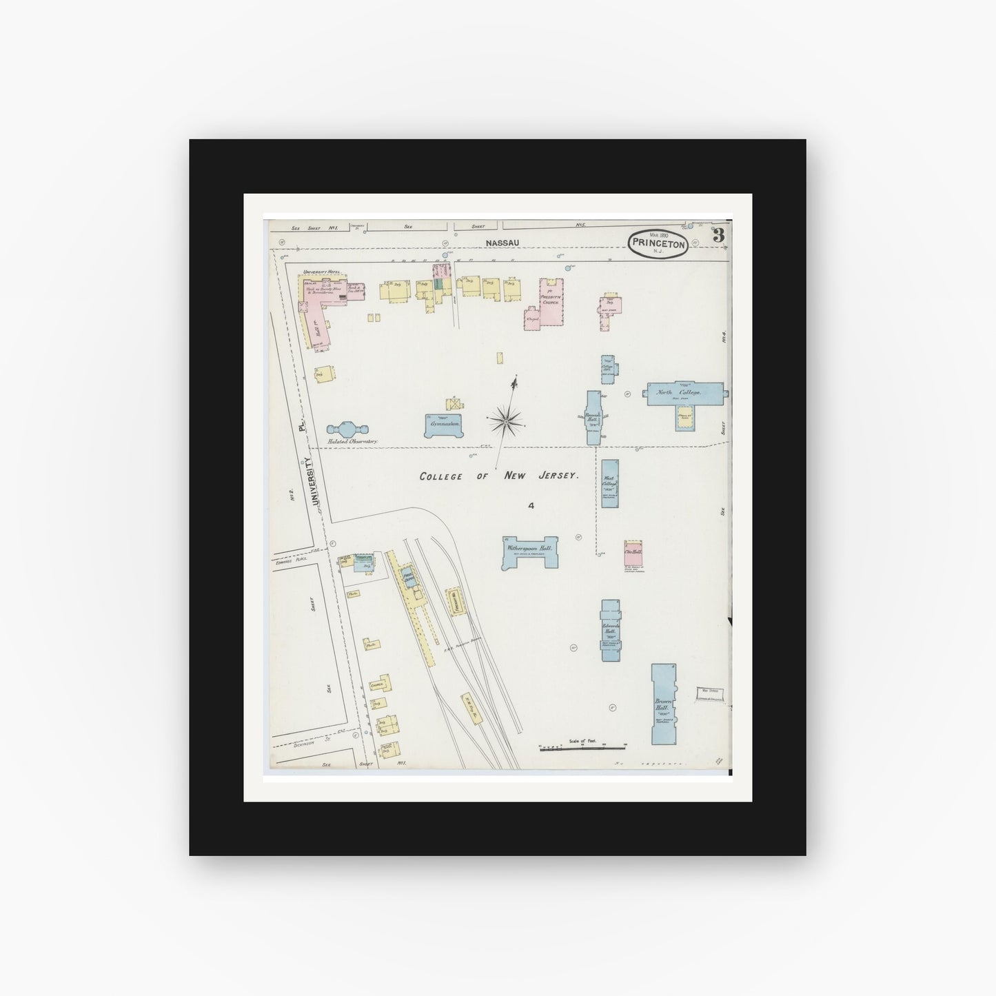 Old map wall art mockup — black gallery frame with white mat — Sanborn Fire Insurance Map from Princeton, Mercer County, New Jersey (1890), Sheet #0003