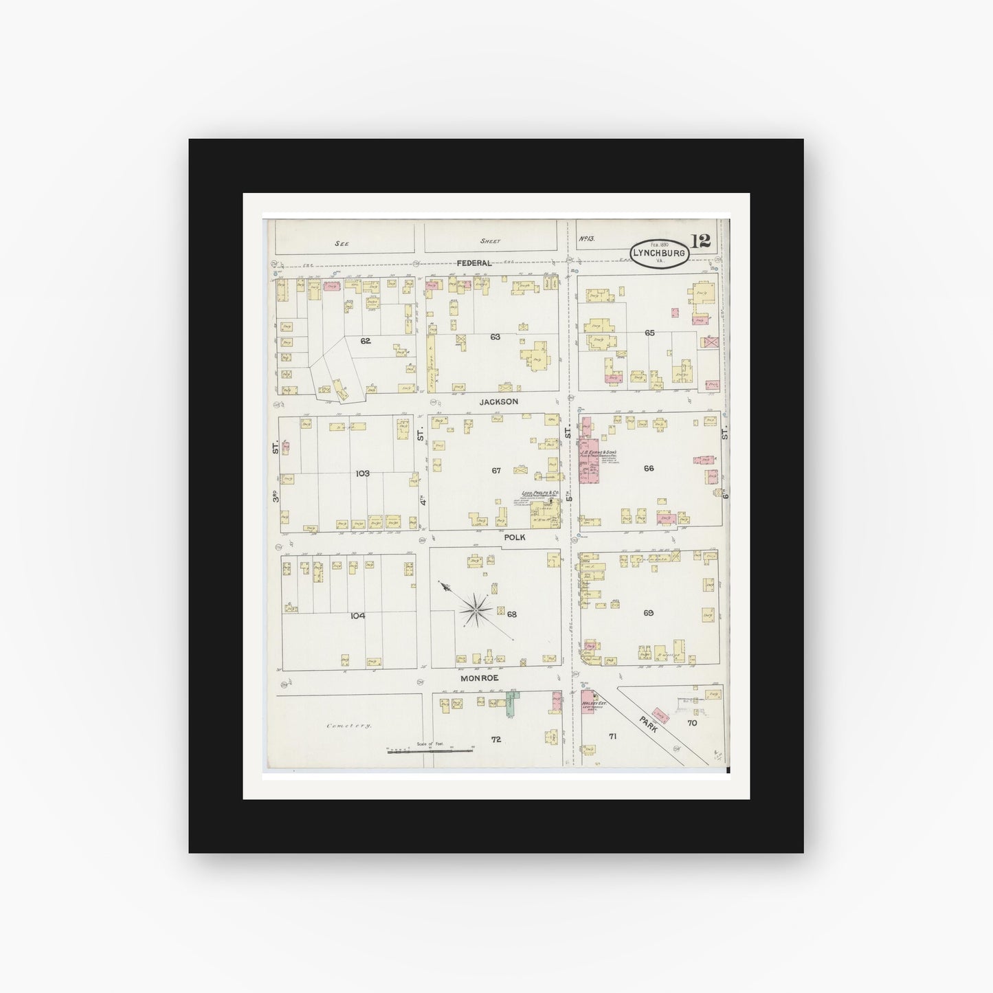 Old map wall art mockup — black gallery frame with white mat — Sanborn Fire Insurance Map from Lynchburg, Independent Cities, Virginia (1890), Sheet #0012