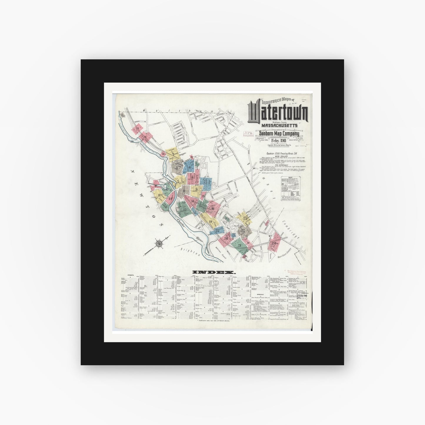 Old map wall art mockup — black gallery frame with white mat — Sanborn Fire Insurance Map from Watertown, Middlesex County, Massachusetts (1911) - Complete Map Set
