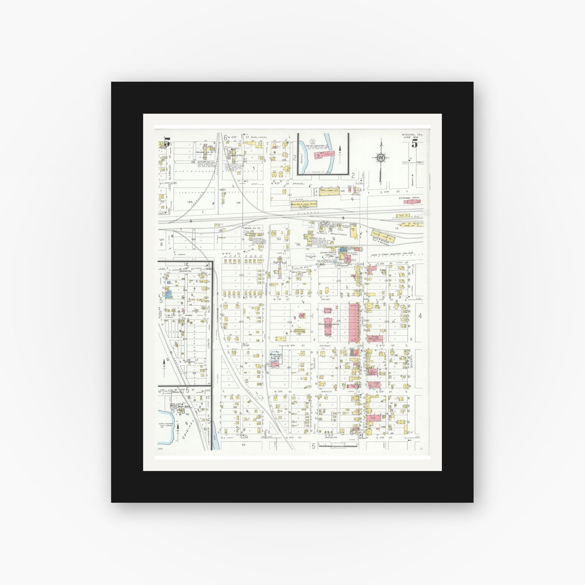 Old map wall art mockup — black gallery frame with white mat — Sanborn Fire Insurance Map from Mission, Hidalgo County, Texas (1933), Sheet #0005