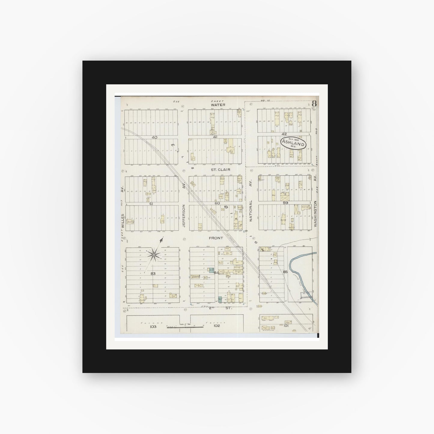 Old map wall art mockup — black gallery frame with white mat — Sanborn Fire Insurance Map from Ashland, Ashland County, Wisconsin (1886), Sheet #0008