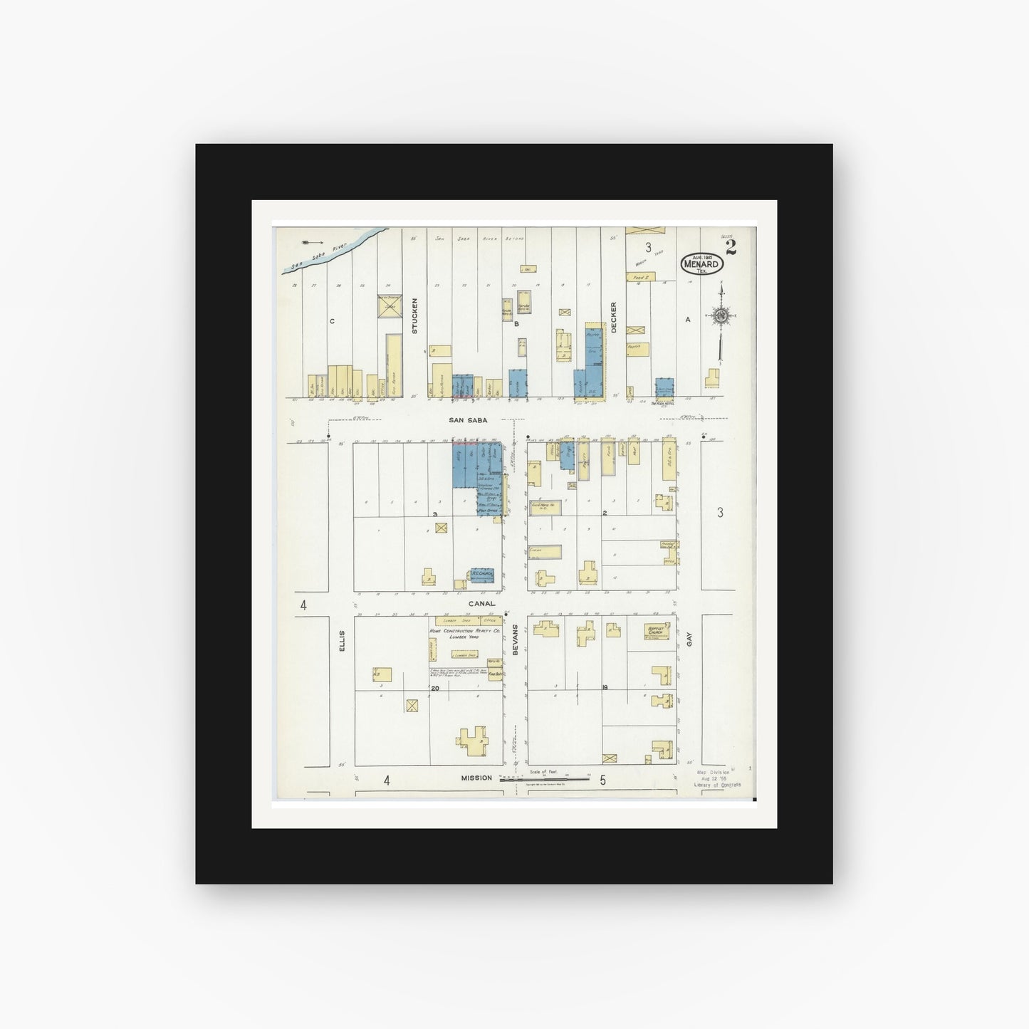 Old map wall art mockup — black gallery frame with white mat — Sanborn Fire Insurance Map from Menard, Menard County, Texas (1921), Sheet #0002