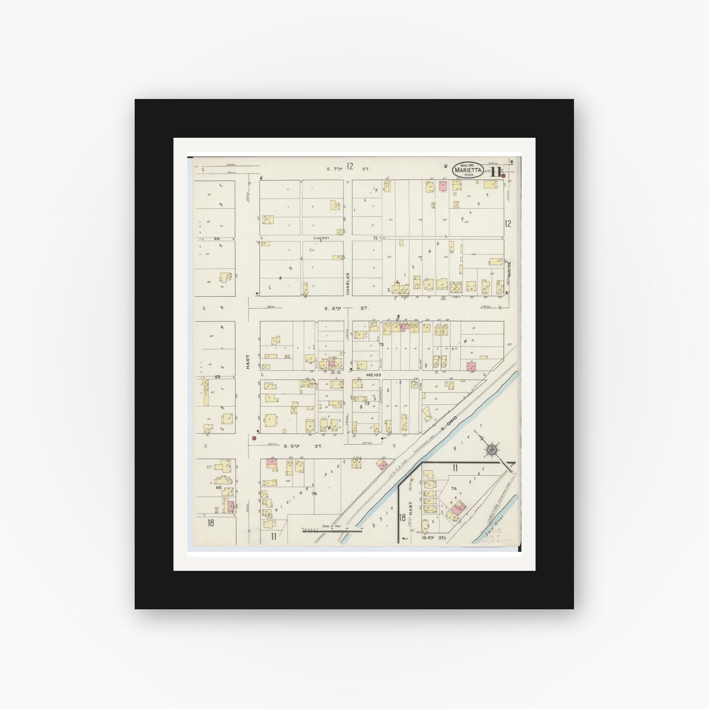 Old map wall art mockup — black gallery frame with white mat — Sanborn Fire Insurance Map from Marietta, Washington County, Ohio (1915), Sheet #0011