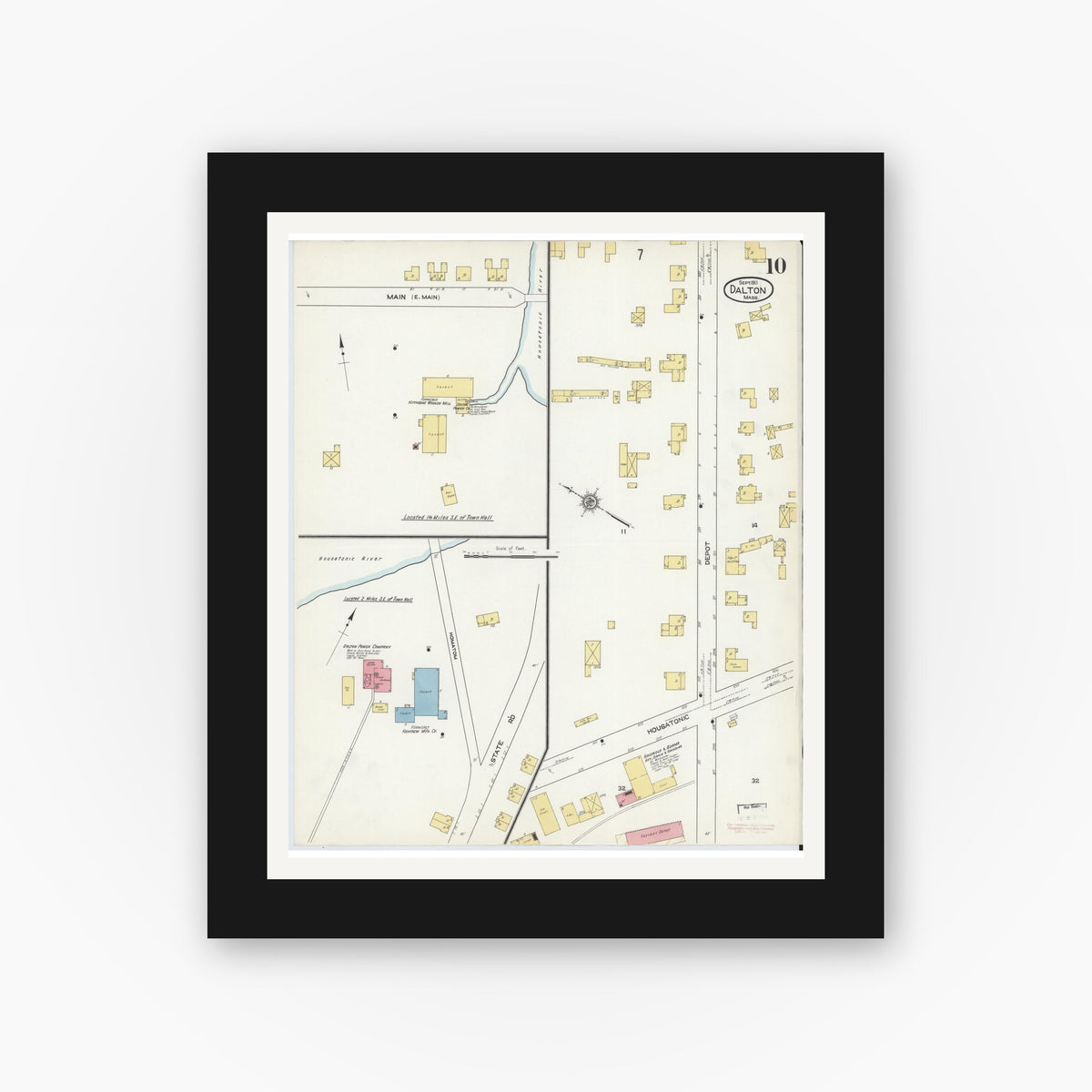 Old map wall art mockup — black gallery frame with white mat — Sanborn Fire Insurance Map from Dalton, Berkshire County, Massachusetts (1911), Sheet #0010
