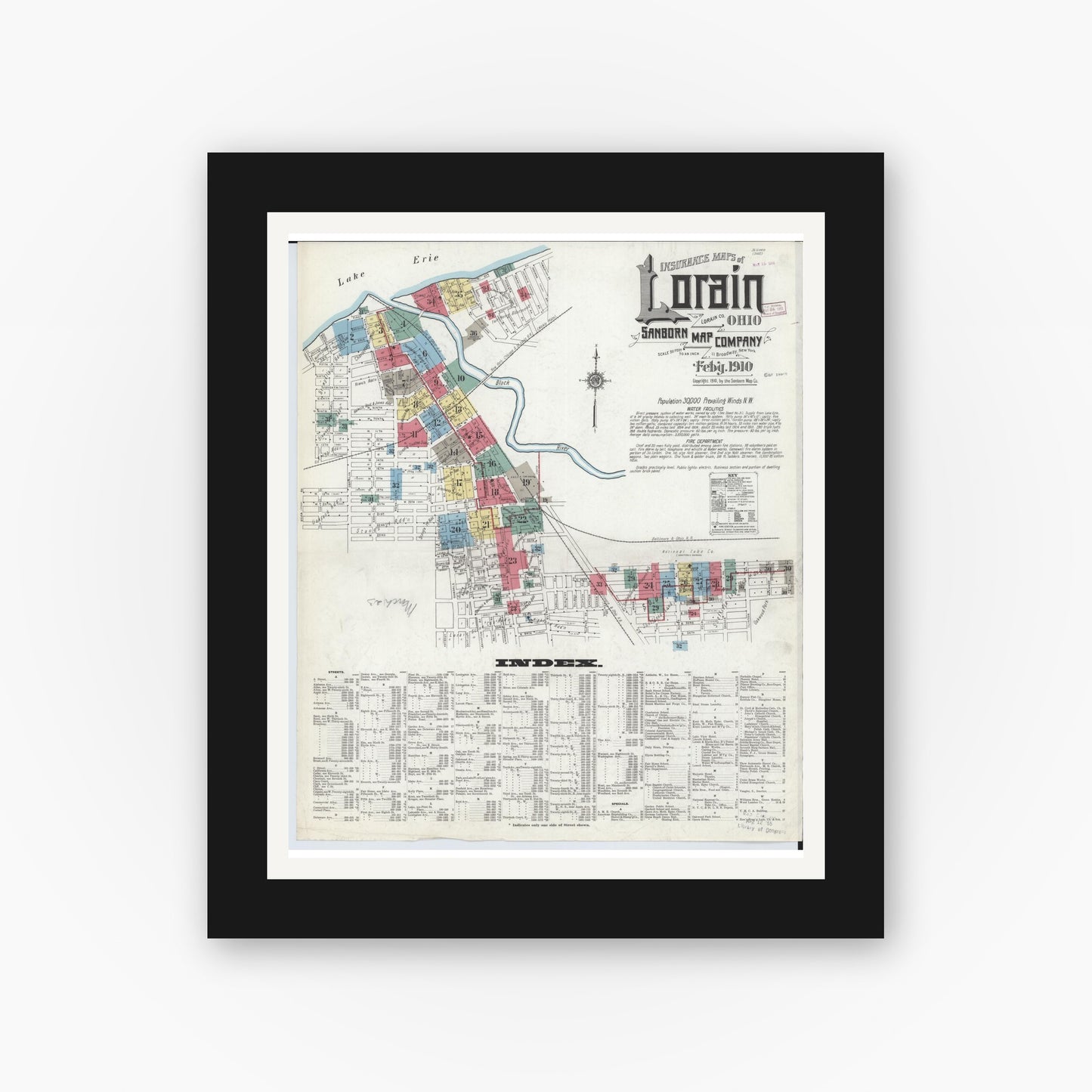Old map wall art mockup — black gallery frame with white mat — Sanborn Fire Insurance Map from Lorain, Lorain County, Ohio (1910) - Complete Map Set