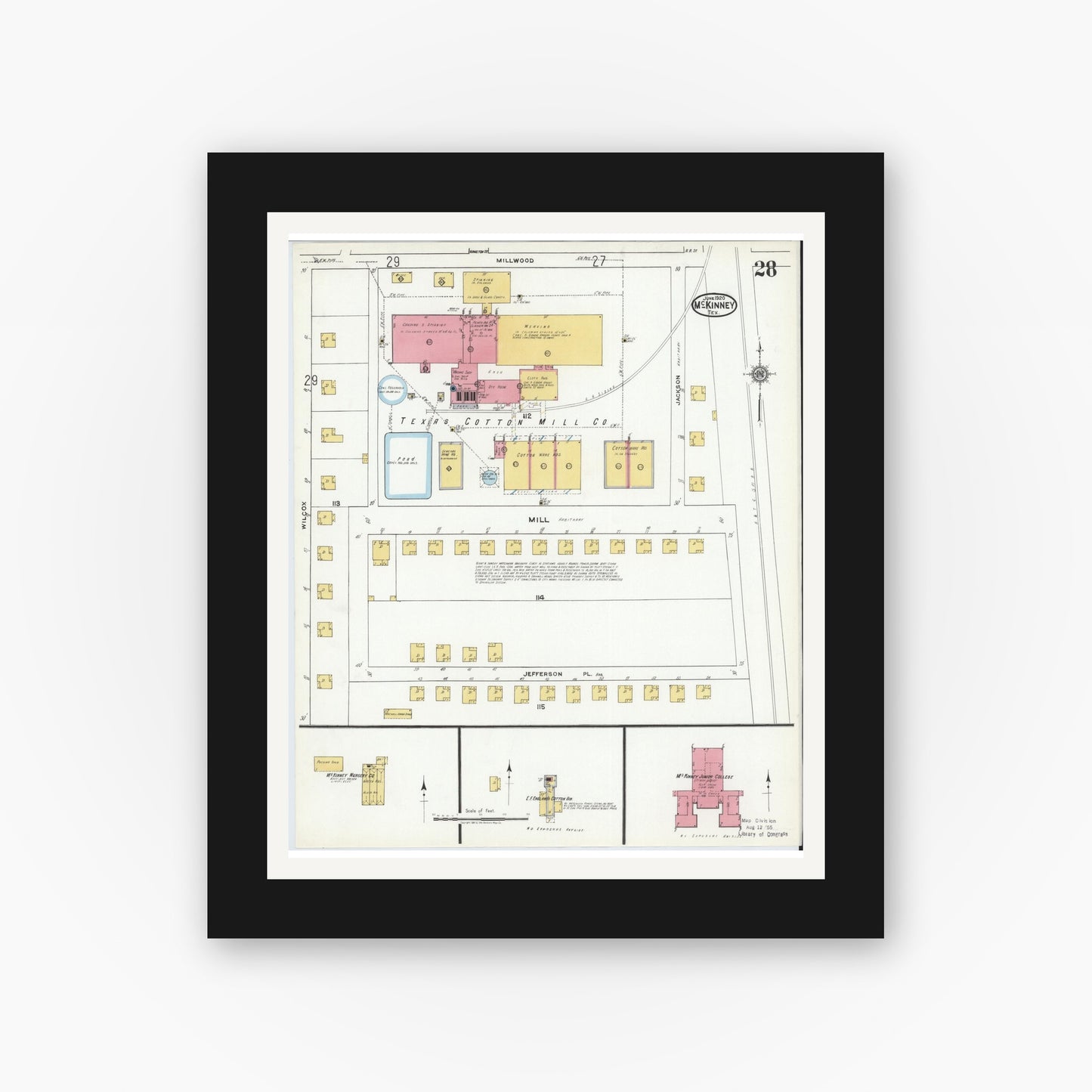 Old map wall art mockup — black gallery frame with white mat — Sanborn Fire Insurance Map from McKinney, Collin County, Texas (1920), Sheet #0028