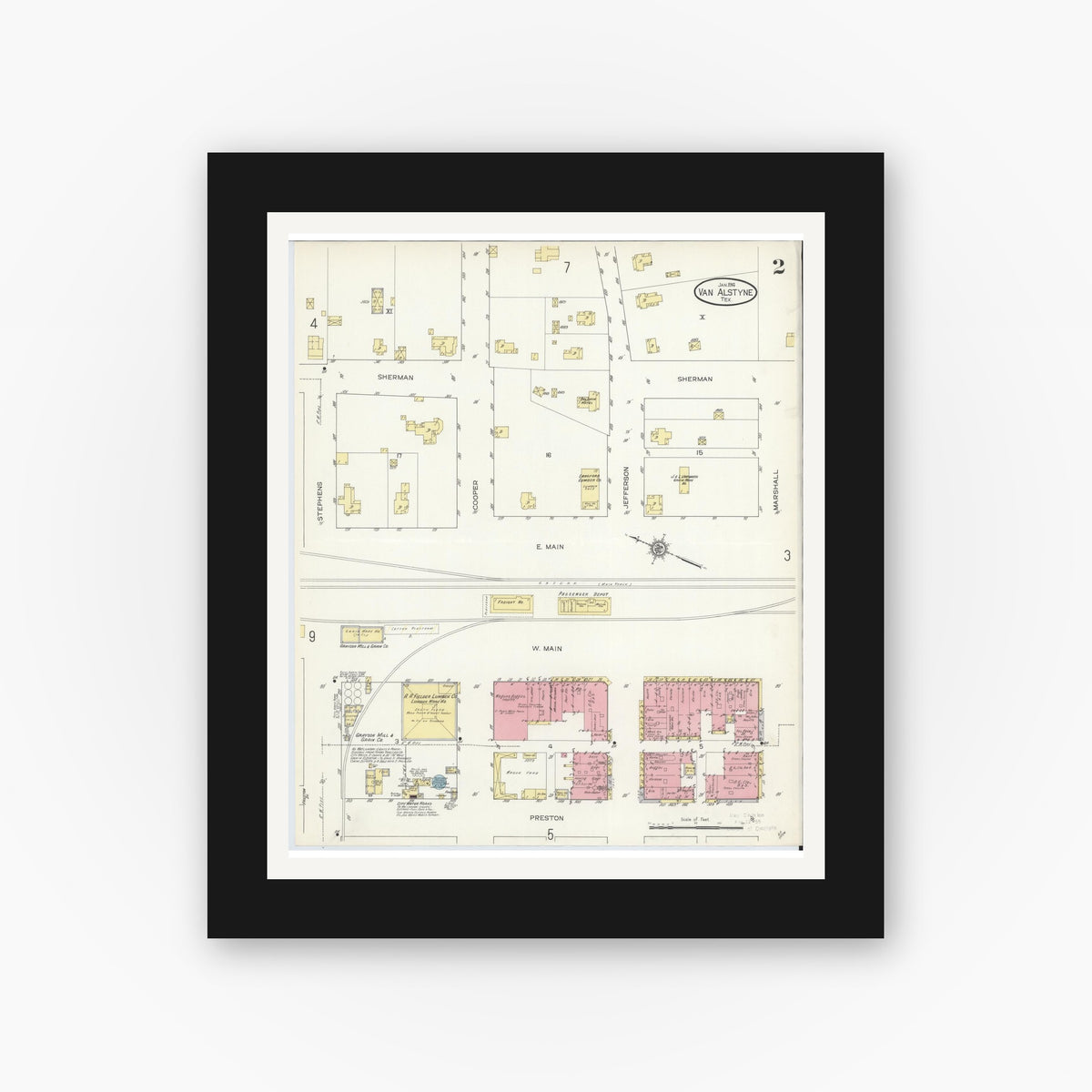 Old map wall art mockup — black gallery frame with white mat — Sanborn Fire Insurance Map from Van Alstyne, Grayson County, Texas (1914), Sheet #0002