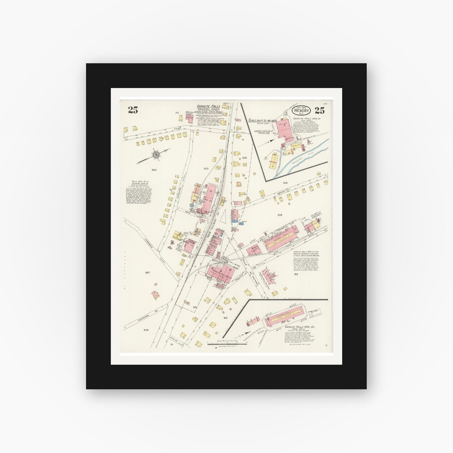 Old map wall art mockup — black gallery frame with white mat — Sanborn Fire Insurance Map from Hickory, Catawba County, North Carolina (1925), Sheet #0025
