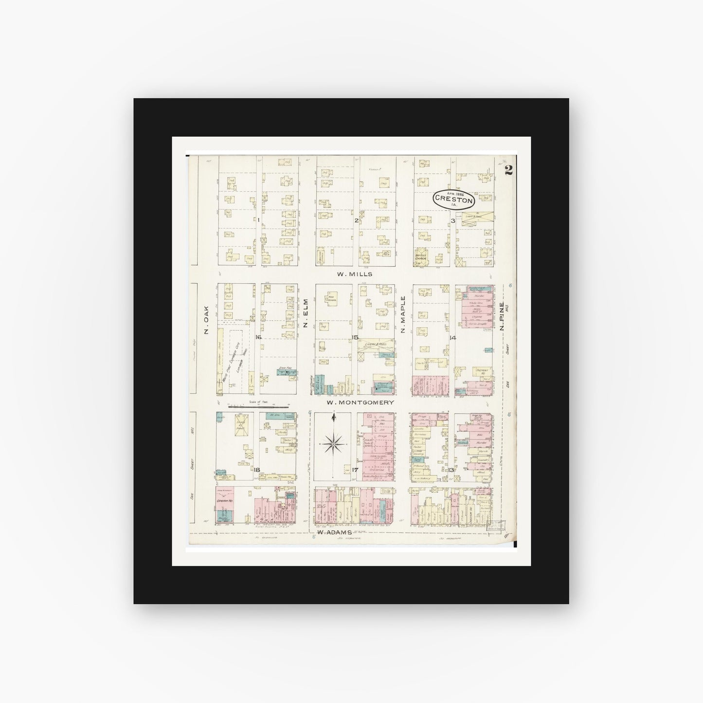 Old map wall art mockup — black gallery frame with white mat — Sanborn Fire Insurance Map from Creston, Union County, Iowa (1886), Sheet #0002
