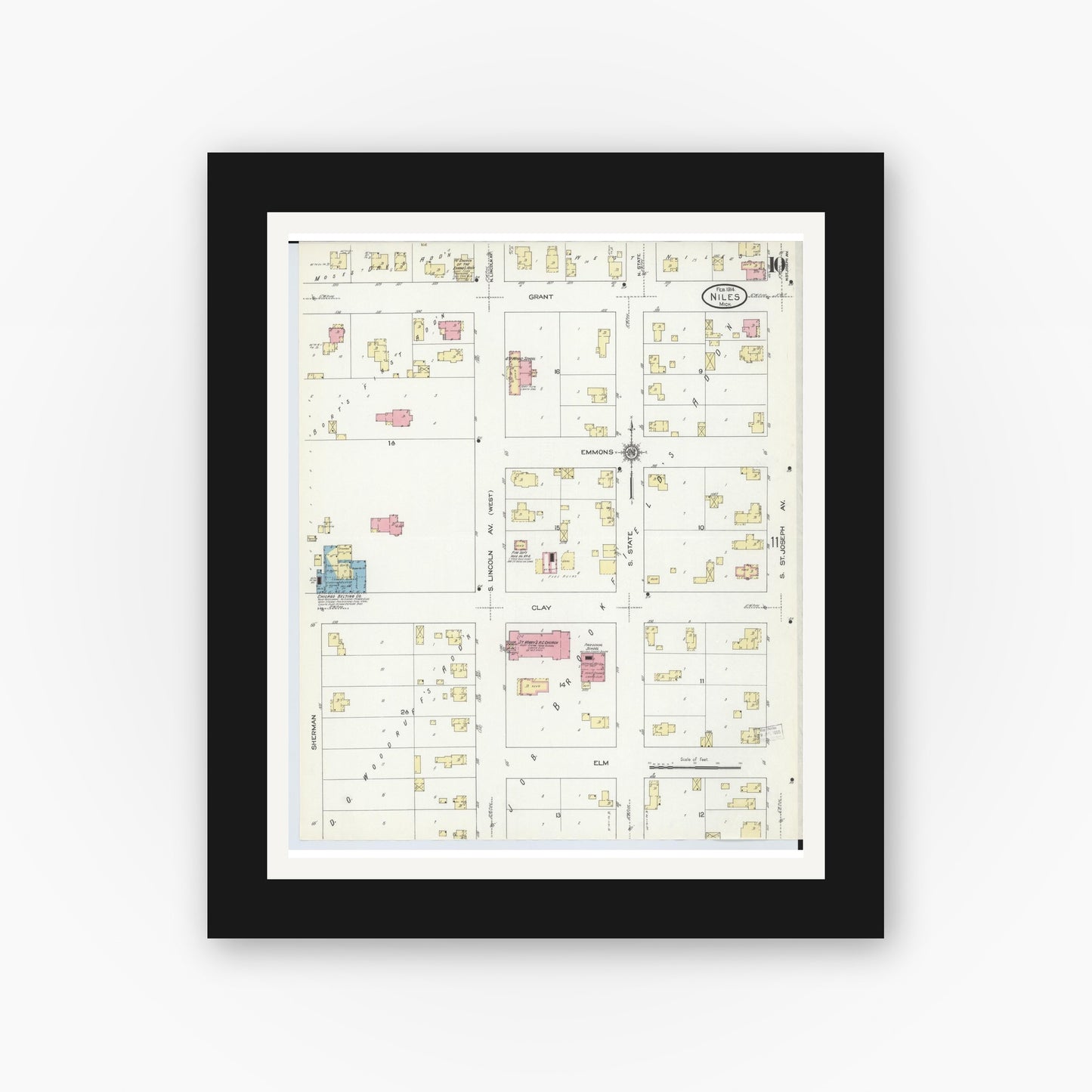 Old map wall art mockup — black gallery frame with white mat — Sanborn Fire Insurance Map from Niles, Berrien County, Michigan (1914), Sheet #0010