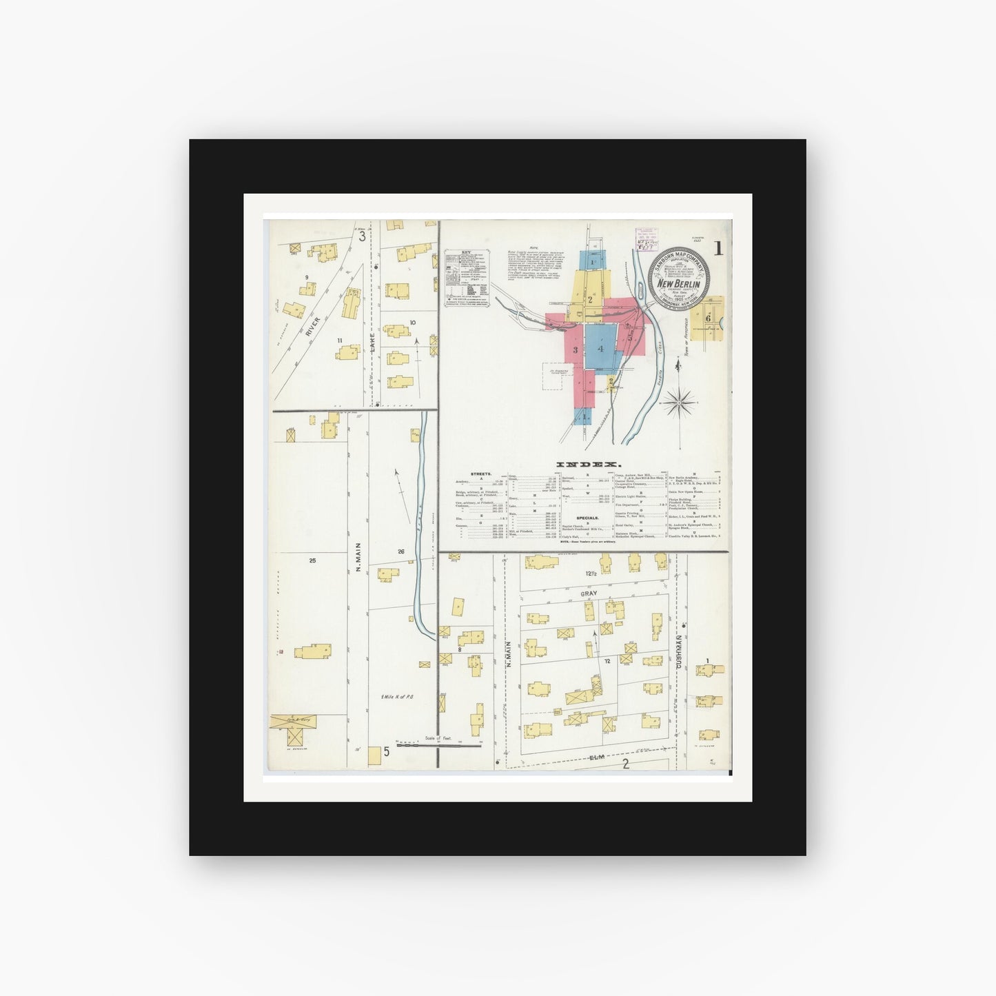 Old map wall art mockup — black gallery frame with white mat — Sanborn Fire Insurance Map from New Berlin, Chenango County, New York (1905) - Complete Map Set