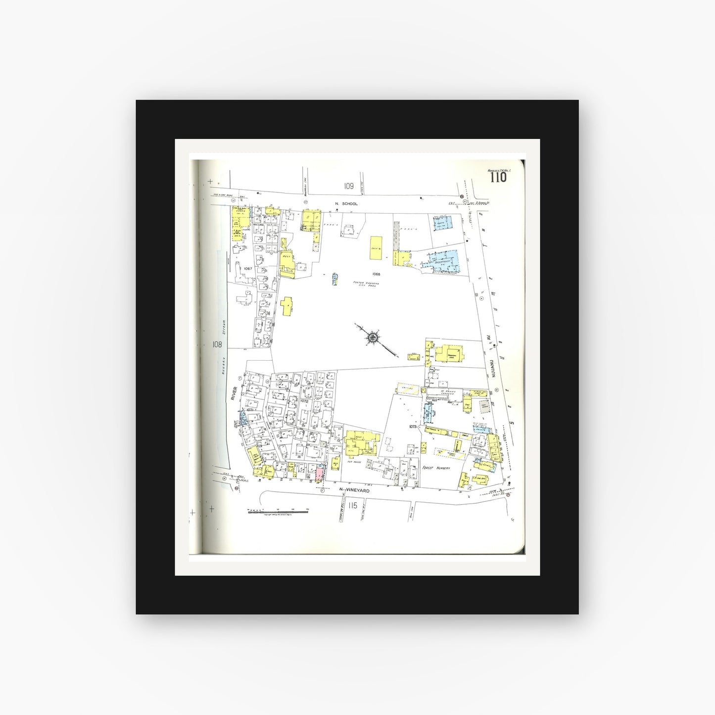Old map wall art mockup — black gallery frame with white mat — Sanborn Fire Insurance Map from Honolulu, Oahu County, Hawaii (1955), Sheet #0110