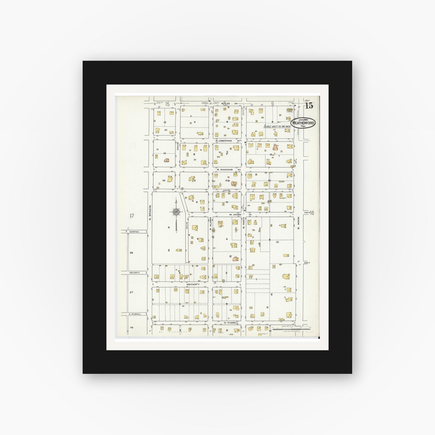 Old map wall art mockup — black gallery frame with white mat — Sanborn Fire Insurance Map from Weatherford, Parker County, Texas (1921), Sheet #0015