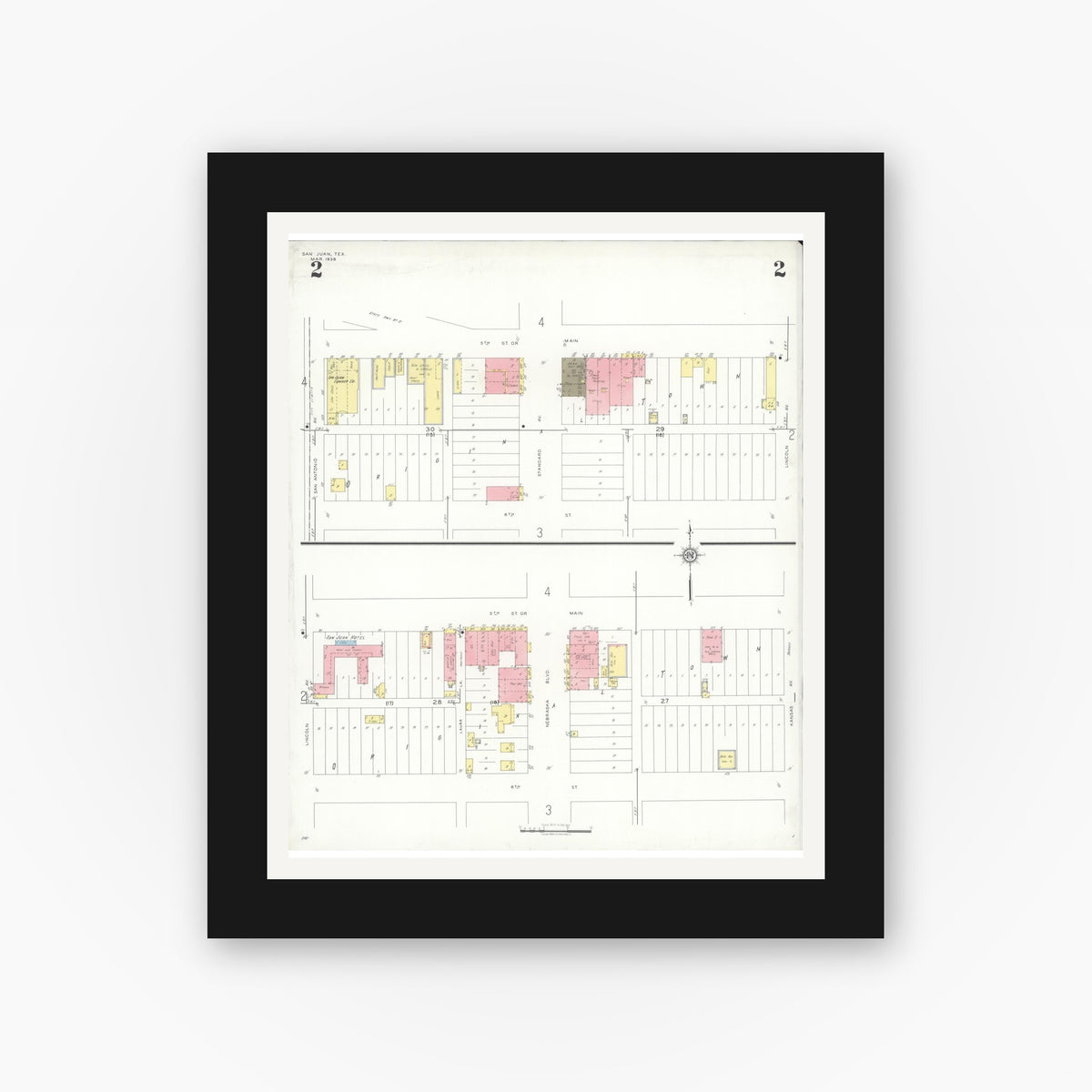 Old map wall art mockup — black gallery frame with white mat — Sanborn Fire Insurance Map from San Juan, Hidalgo County, Texas (1938), Sheet #0002