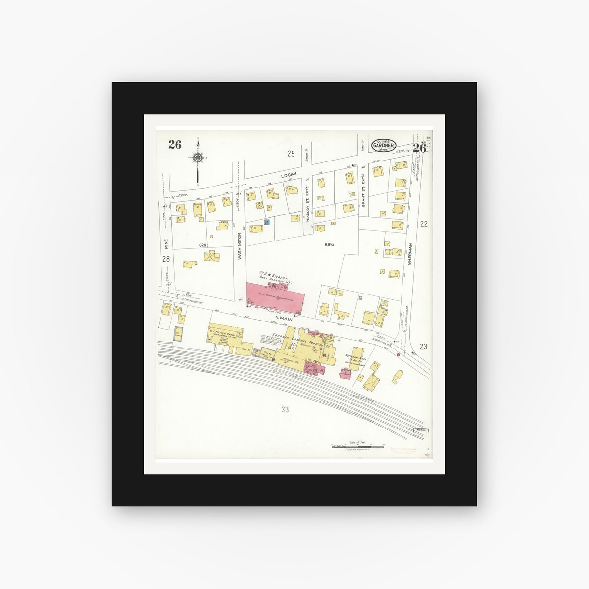 Old map wall art mockup — black gallery frame with white mat — Sanborn Fire Insurance Map from Gardner, Worcester County, Massachusetts (1923), Sheet #0026