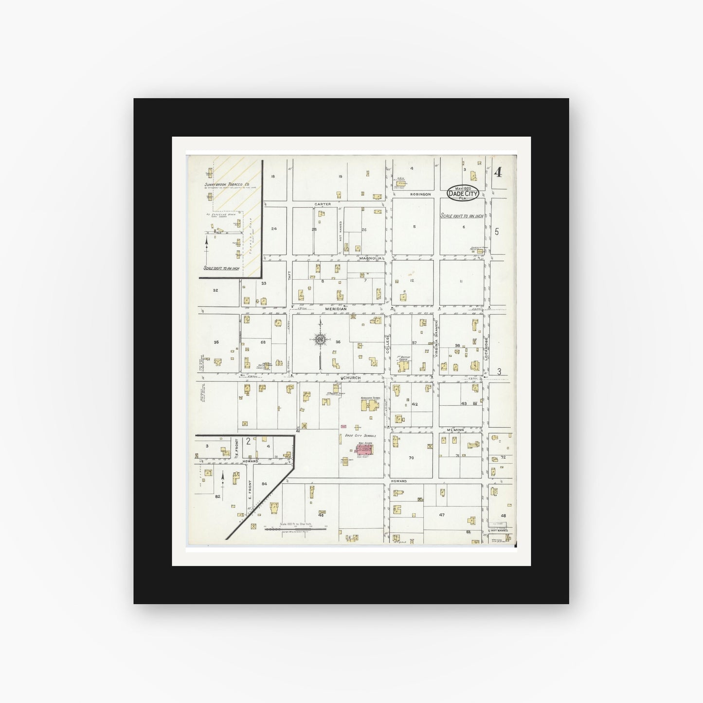 Old map wall art mockup — black gallery frame with white mat — Sanborn Fire Insurance Map from Dade City, Pasco County, Florida (1920), Sheet #0004