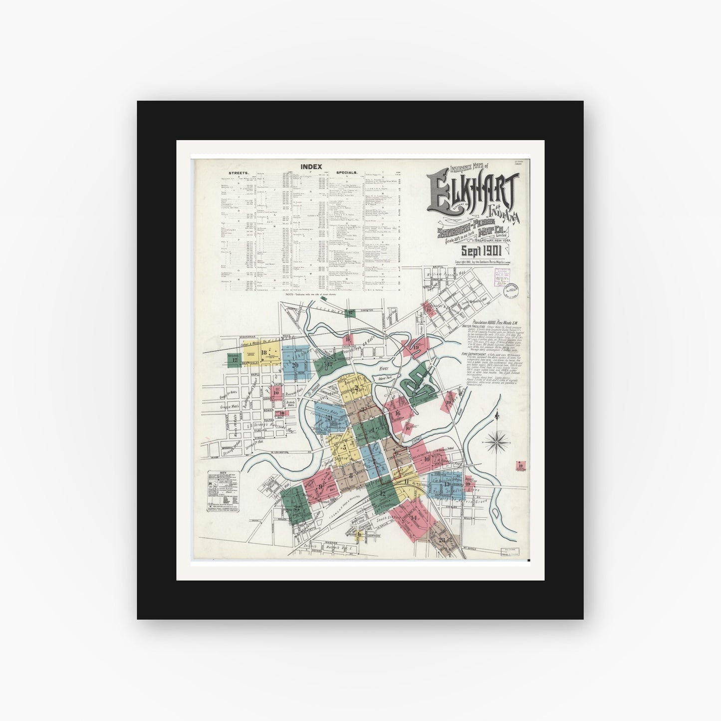 Old map wall art mockup — black gallery frame with white mat — Sanborn Fire Insurance Map from Elkhart, Elkhart County, Indiana (1901) - Complete Map Set