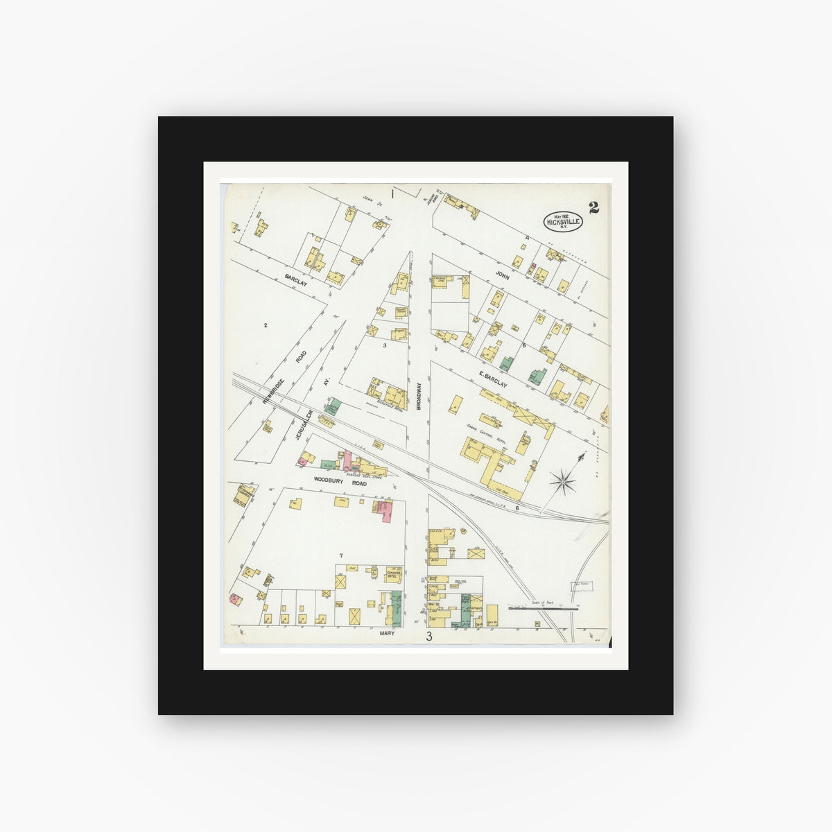 Old map wall art mockup — black gallery frame with white mat — Sanborn Fire Insurance Map from Hicksville, Nassau County, New York (1902), Sheet #0002