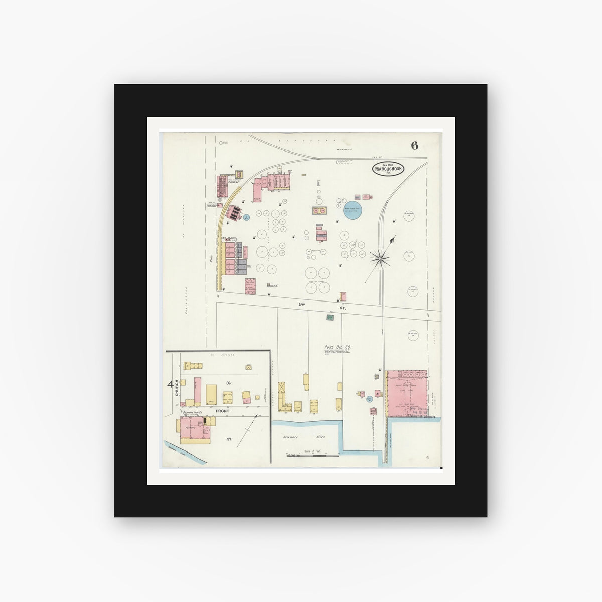 Old map wall art mockup — black gallery frame with white mat — Sanborn Fire Insurance Map from Marcus Hook, Chester County, Pennsylvania (1905), Sheet #0006